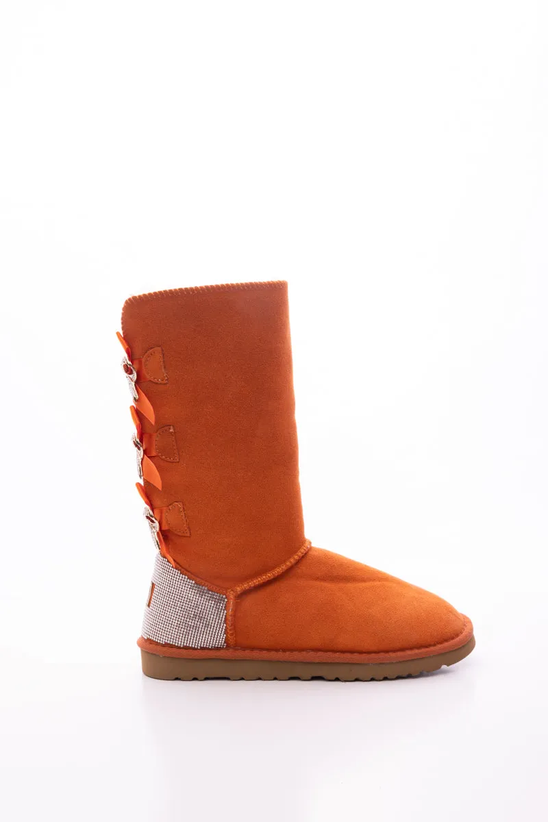 Rhinestone Ribbon Tri-Tie Bow Suede Boots - Orange