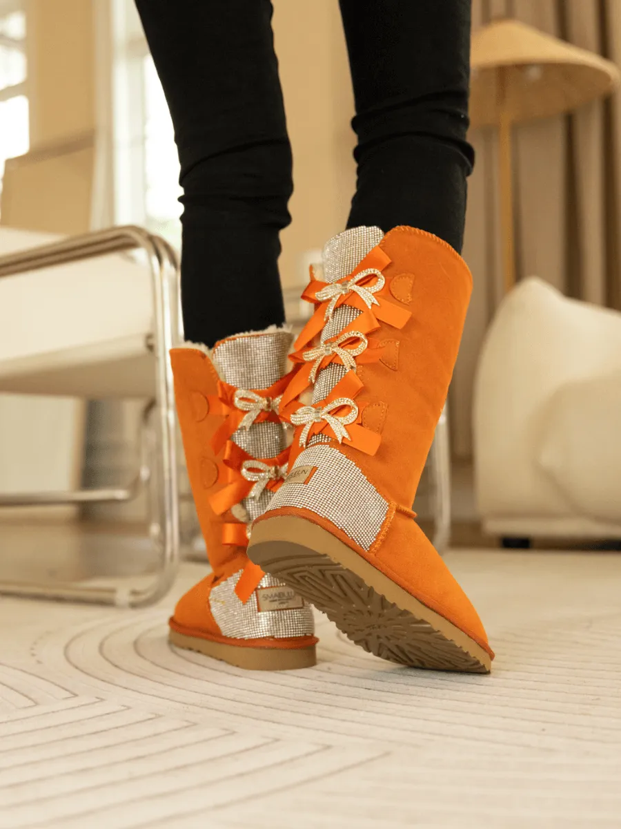 Rhinestone Ribbon Tri-Tie Bow Suede Boots - Orange