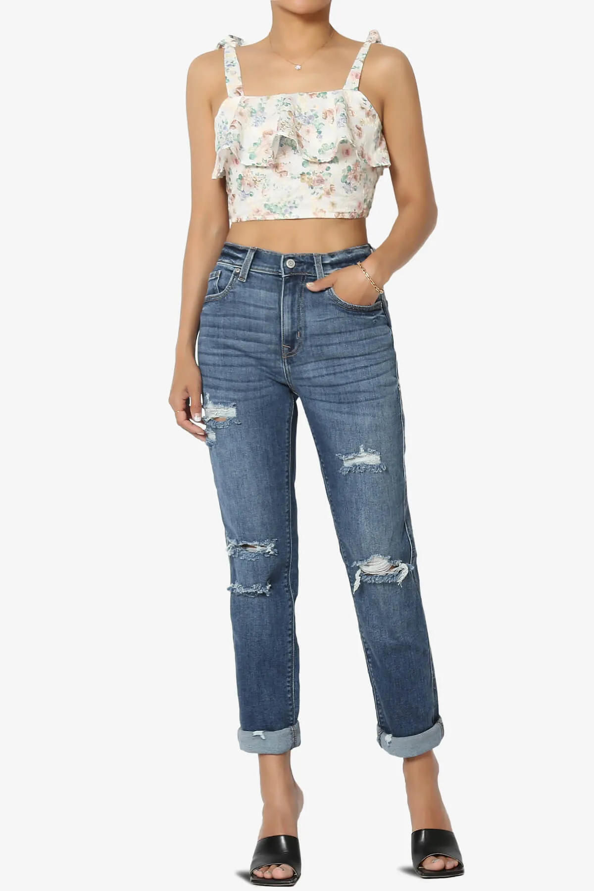 Rocky High Rise Worn Wash Boyfriend Jeans in Dark