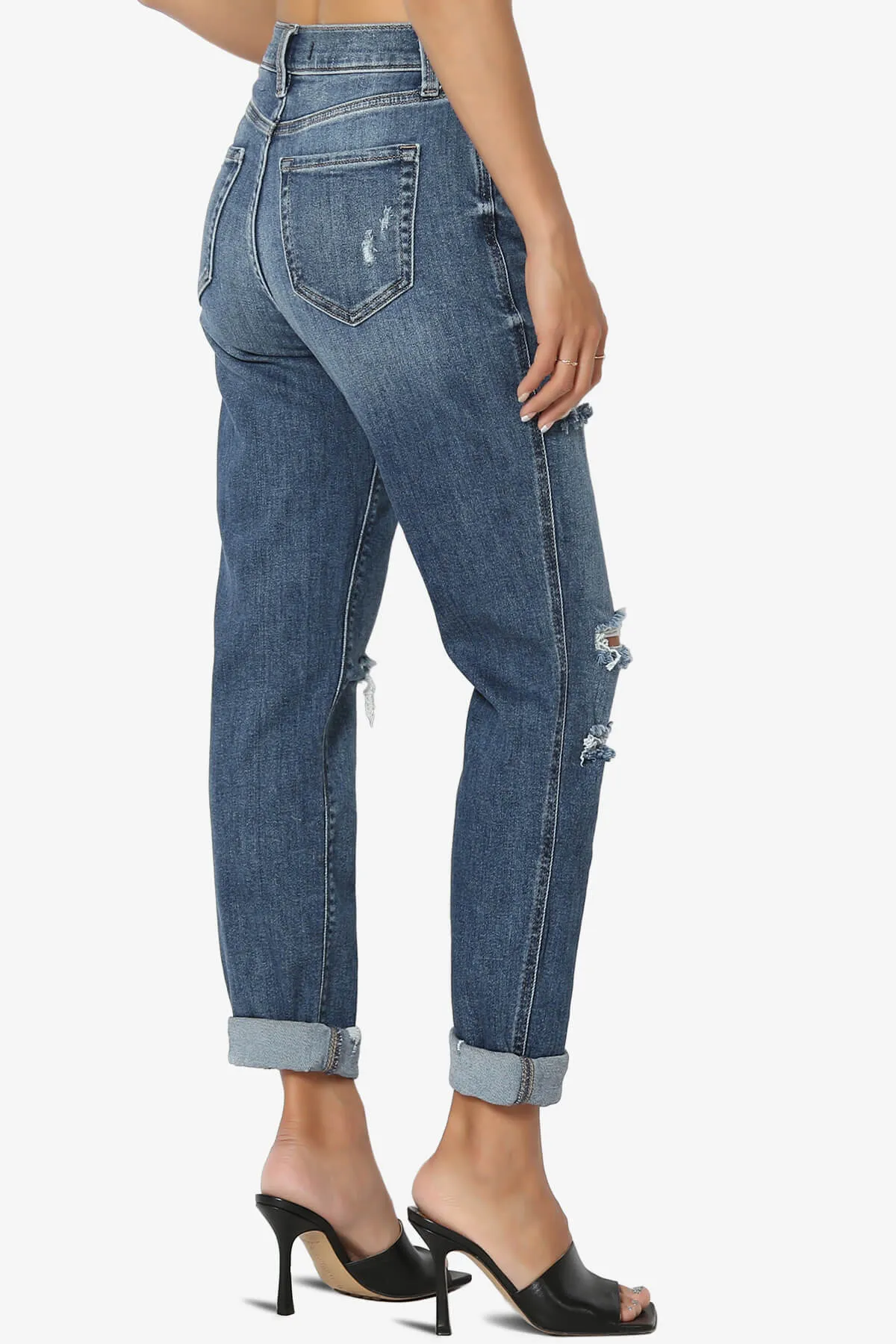 Rocky High Rise Worn Wash Boyfriend Jeans in Dark