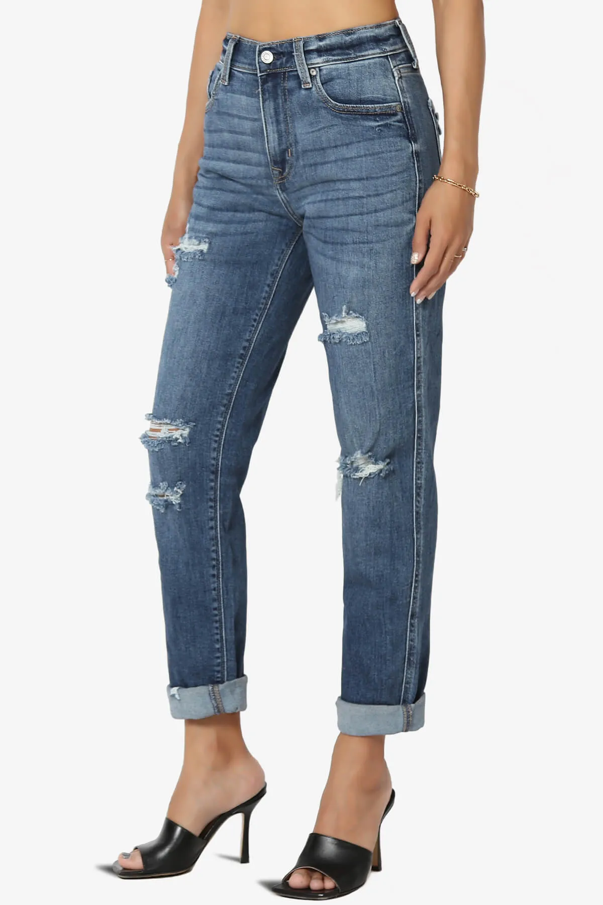Rocky High Rise Worn Wash Boyfriend Jeans in Dark