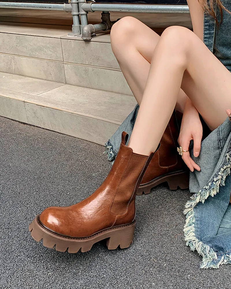 Round Toe Platform Leather Chelsea Boots