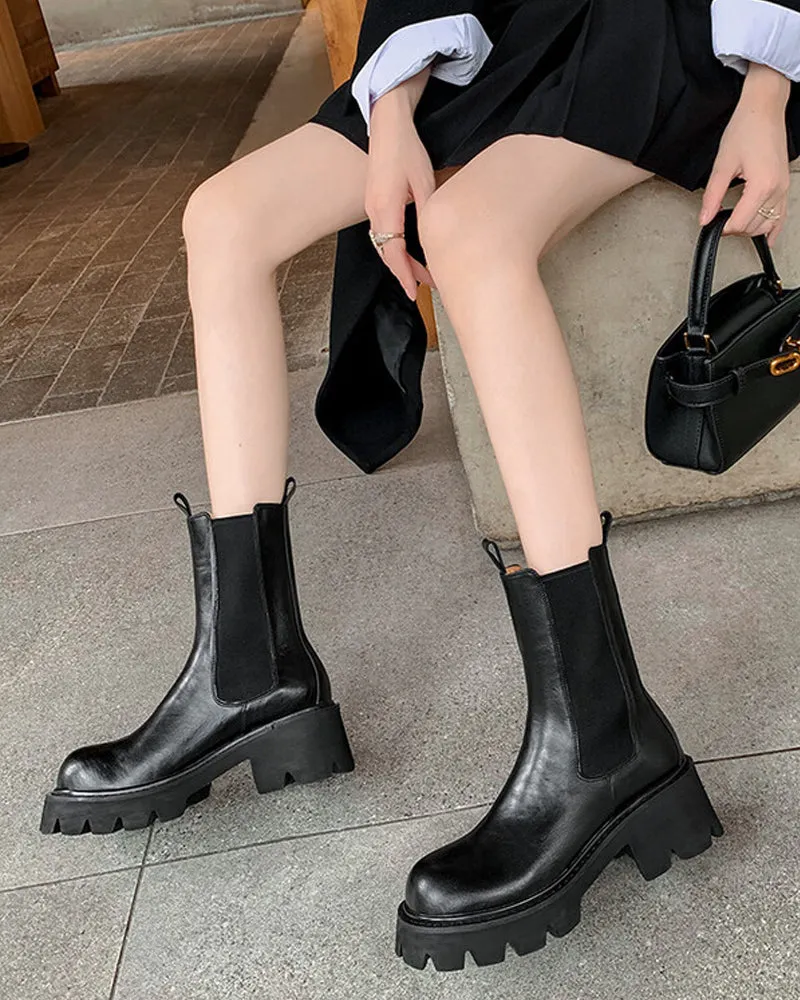 Round Toe Platform Leather Chelsea Boots