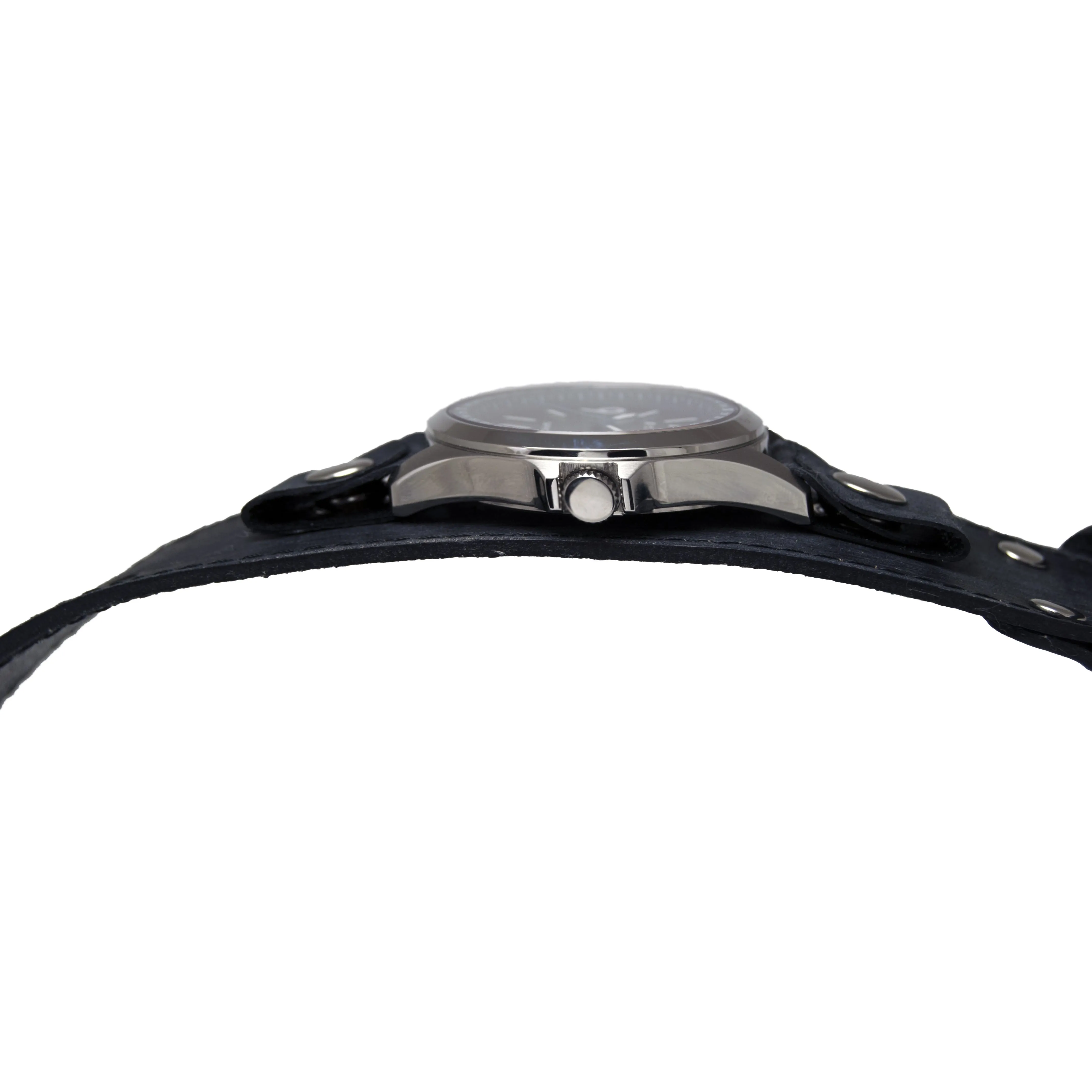 Sapphire Crystal Blue Watch with Stitched Distressed Black Leather Cuff