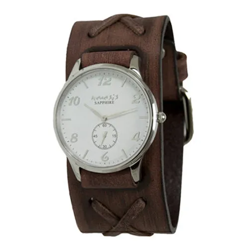 Sapphire Crystal Small Seconds White Watch with Distressed Brown Leather Cuff