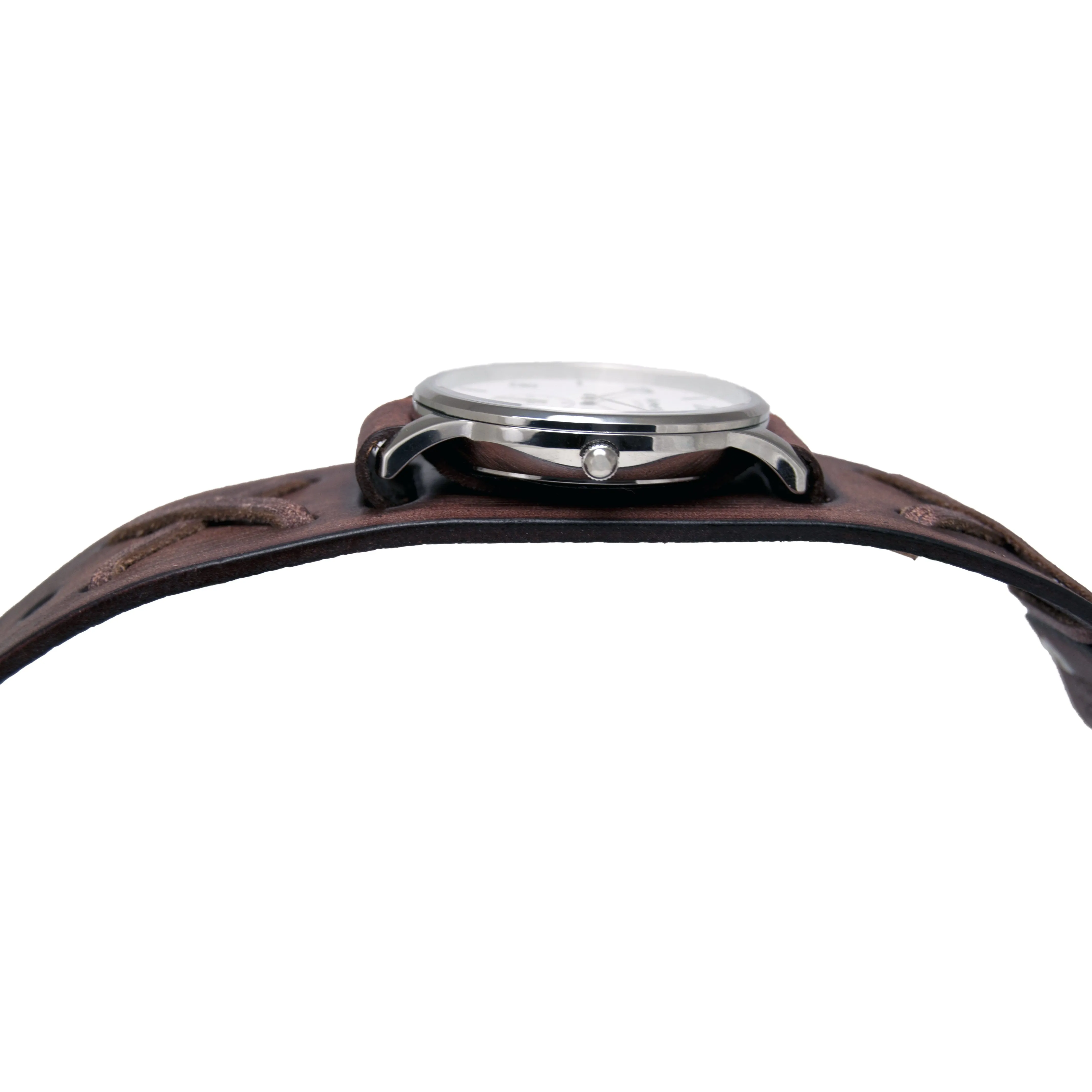 Sapphire Crystal Small Seconds White Watch with Distressed Brown Leather Cuff