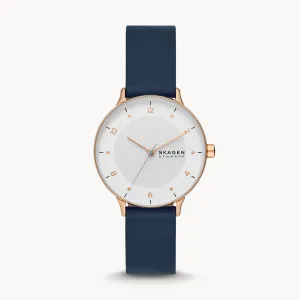 SKAGEN RIIS THREE-HAND BLUE LEATHER WATCH