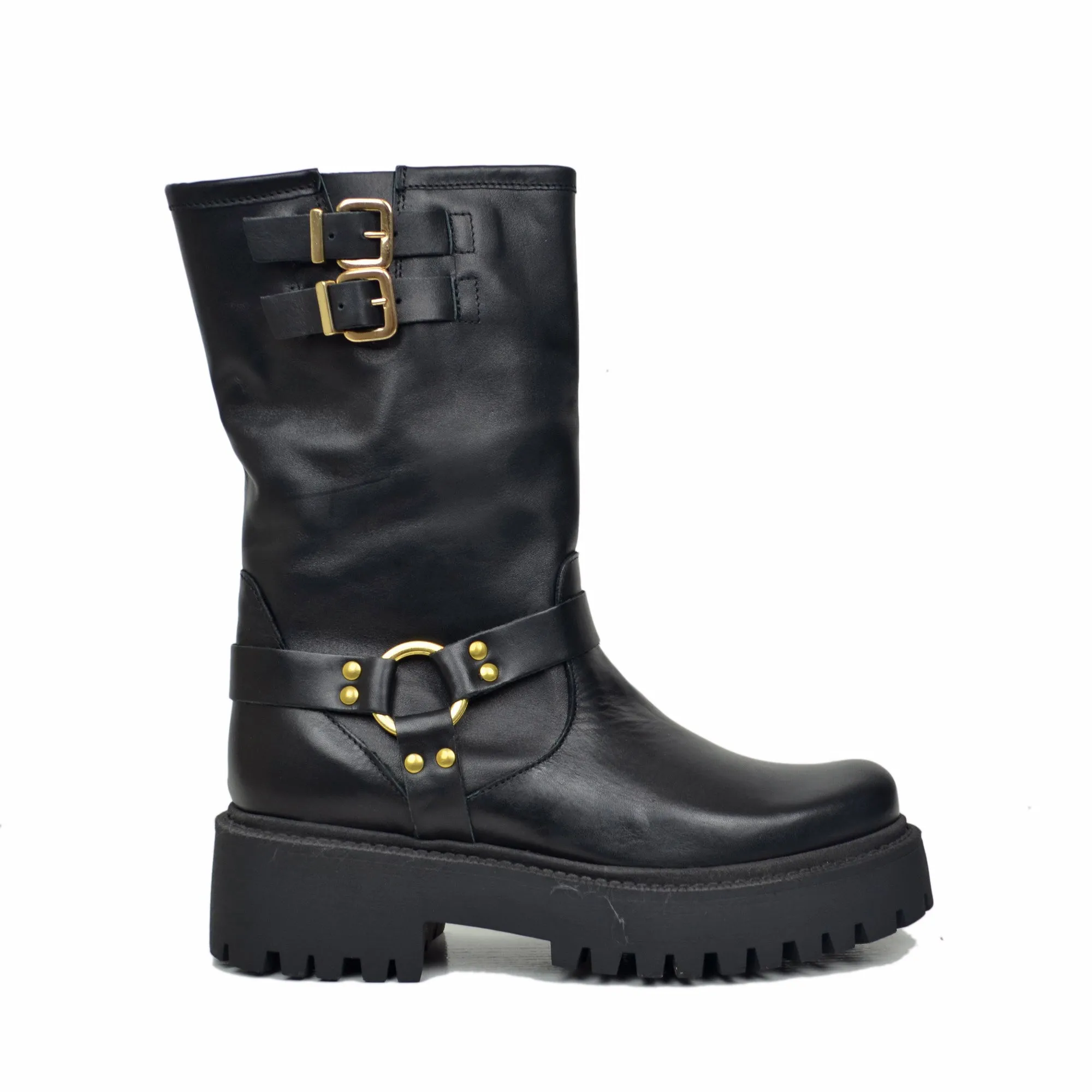 Stivali Biker Donna Neri in Pelle con Fibbie Made in Italy