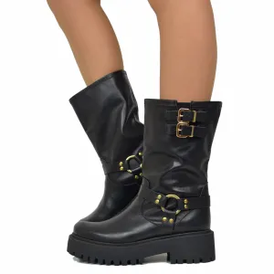 Stivali Biker Donna Neri in Pelle con Fibbie Made in Italy