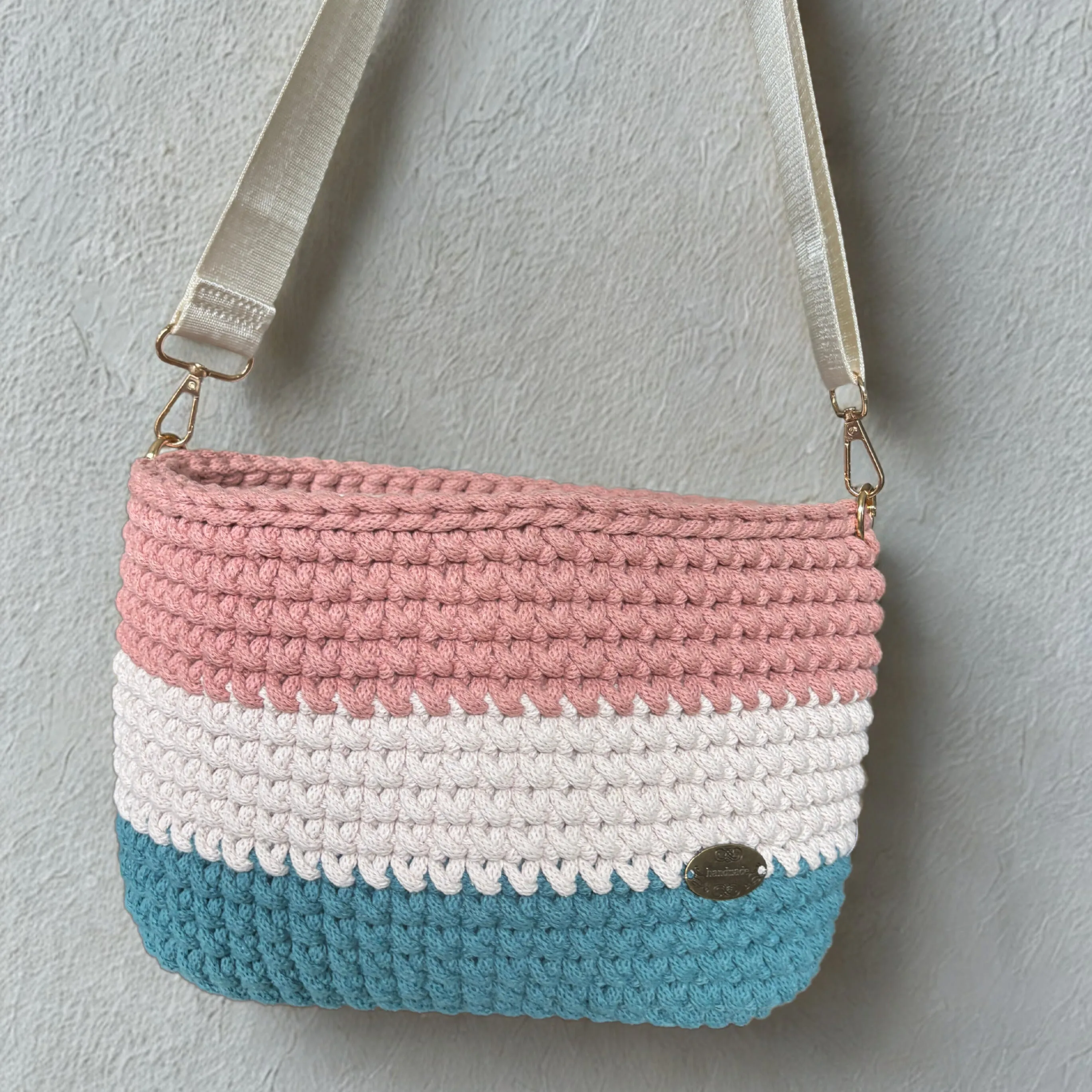 The Alicia – Handmade Crochet Crossbody Bag in Teal, Nude & Blush