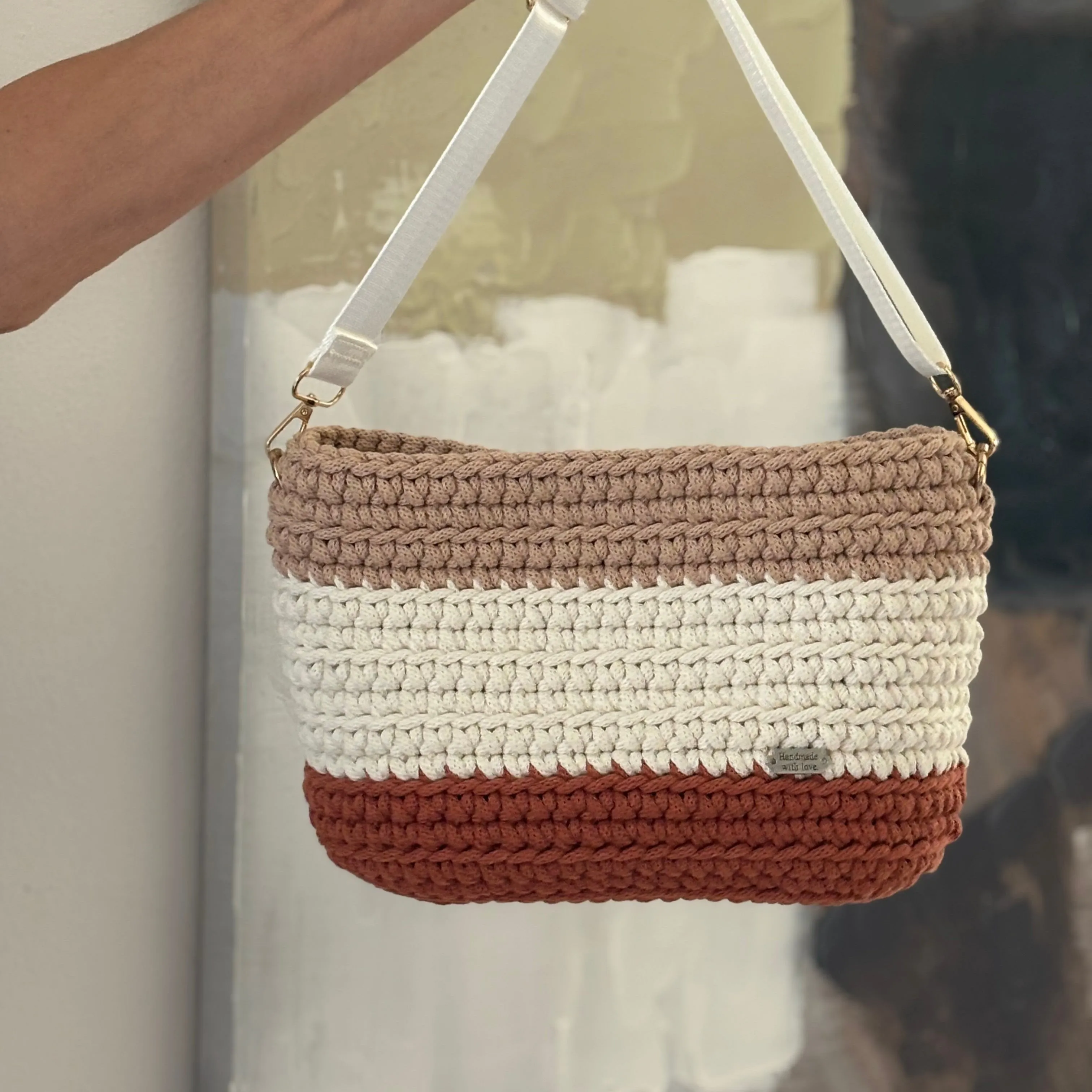 The Maya – Handmade Crochet Crossbody Bag in Terracotta, Natural & Biscuit