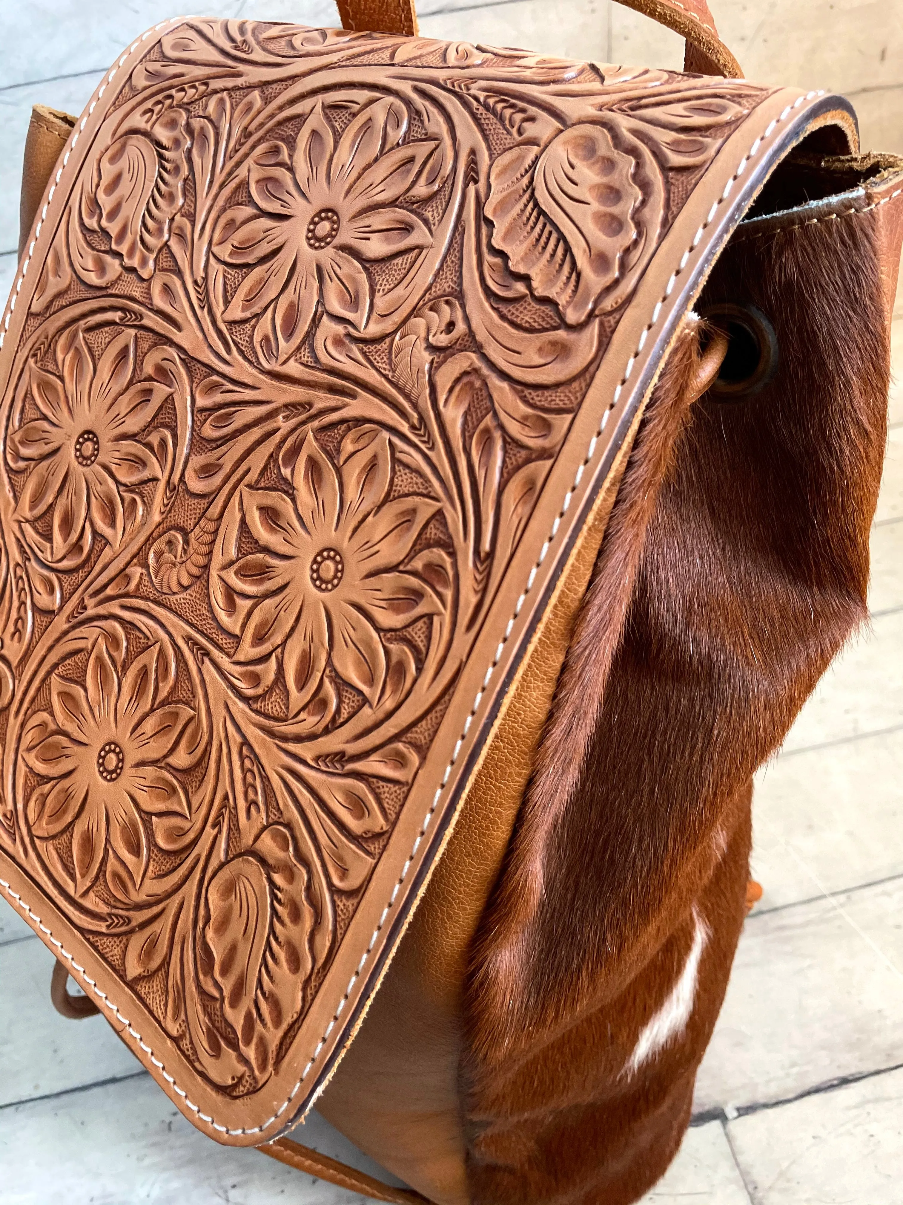 Tooled Distressed Leather Large Backpack with Hide on sides