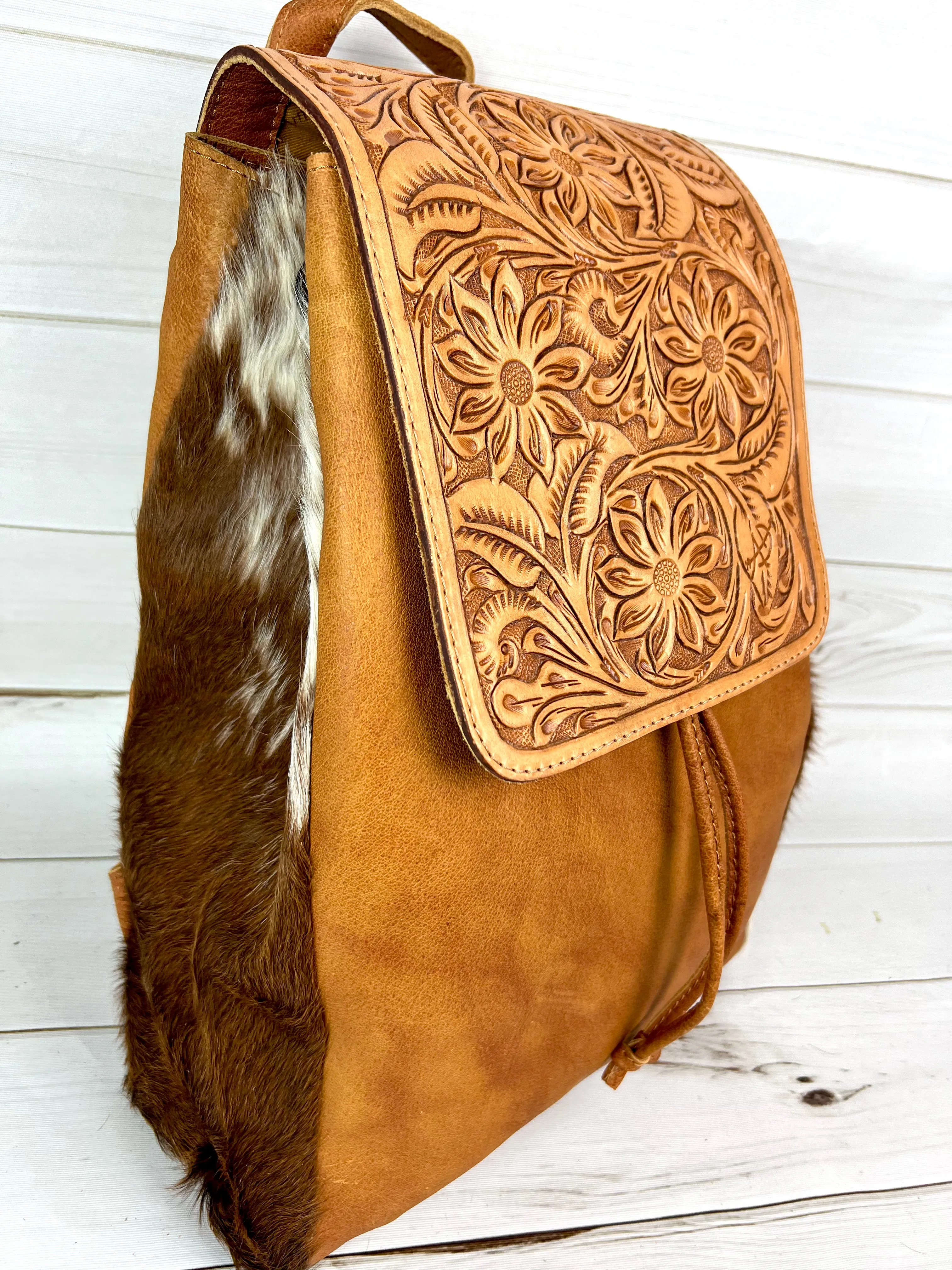 Tooled Distressed Leather Large Backpack with Hide on sides