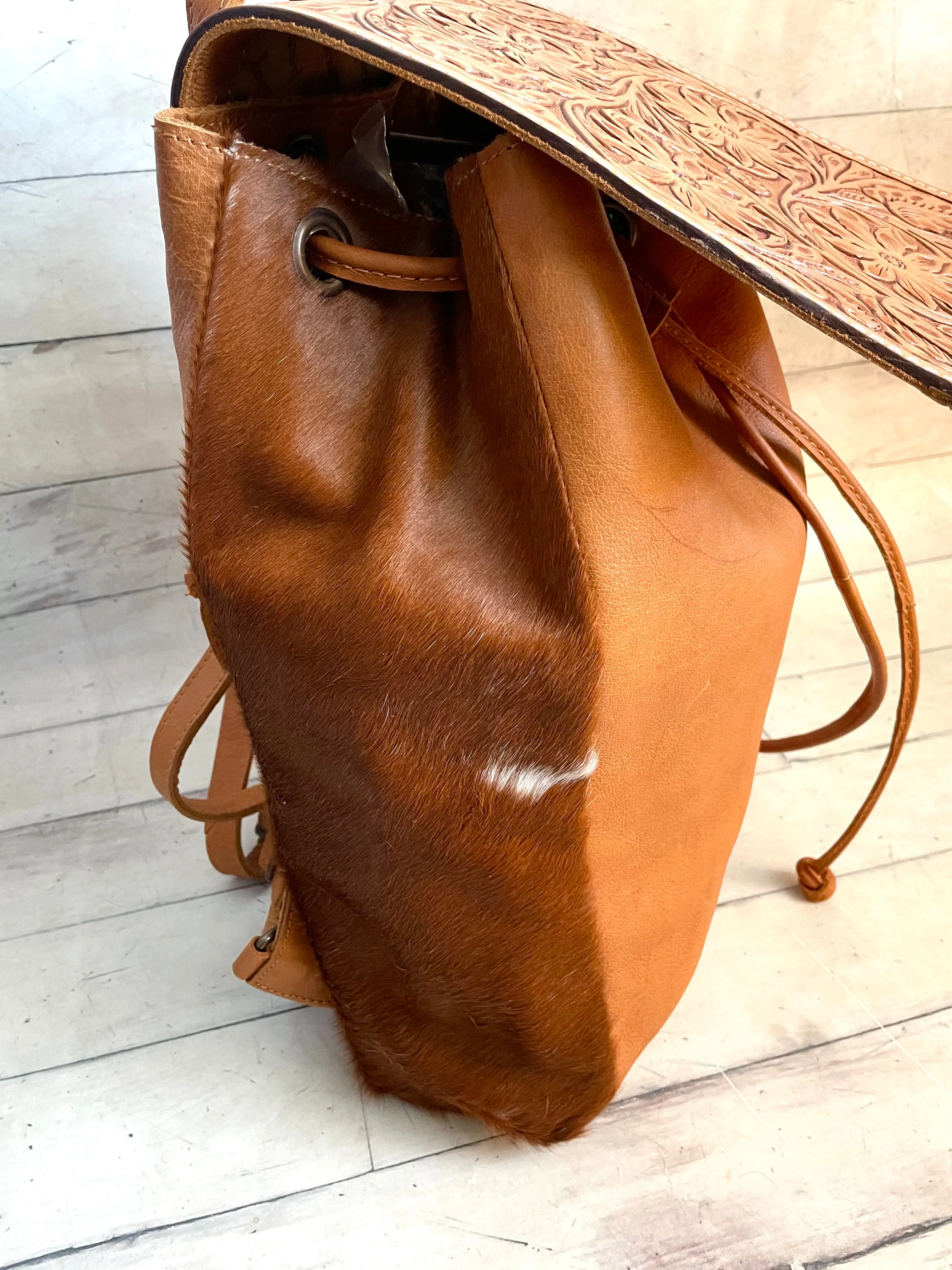 Tooled Distressed Leather Large Backpack with Hide on sides