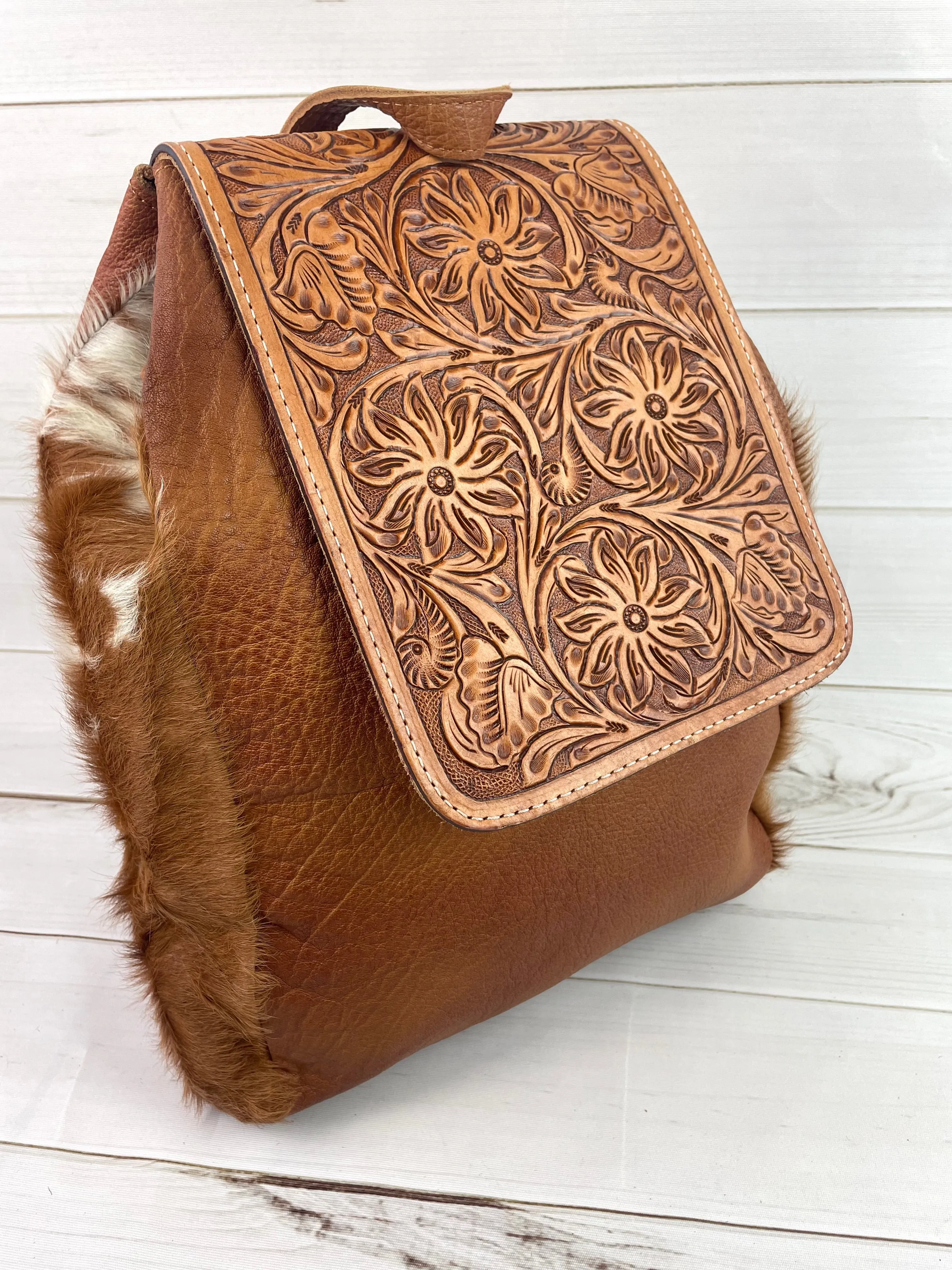 Tooled Distressed Leather Large Backpack with Hide on sides