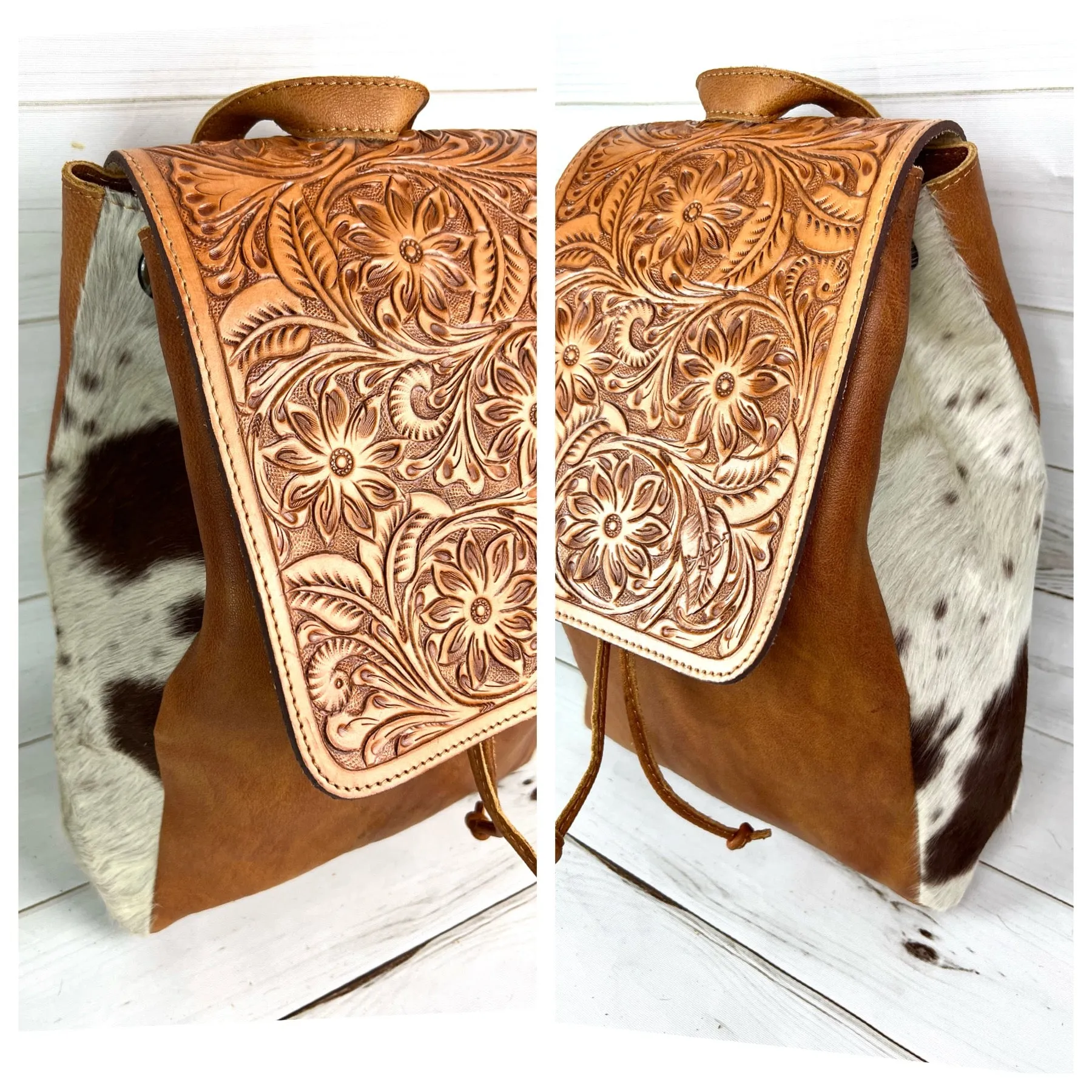Tooled Distressed Leather Large Backpack with Hide on sides