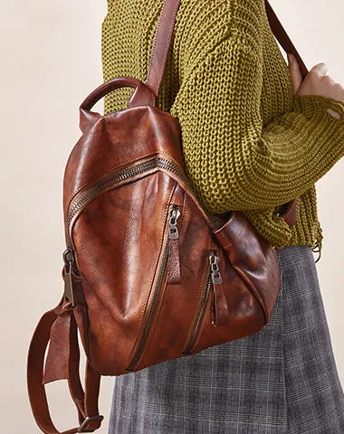 Vintage Brown Leather Rucksack Bag Womens Best School Backpack Ladies Leather Backpack Purses