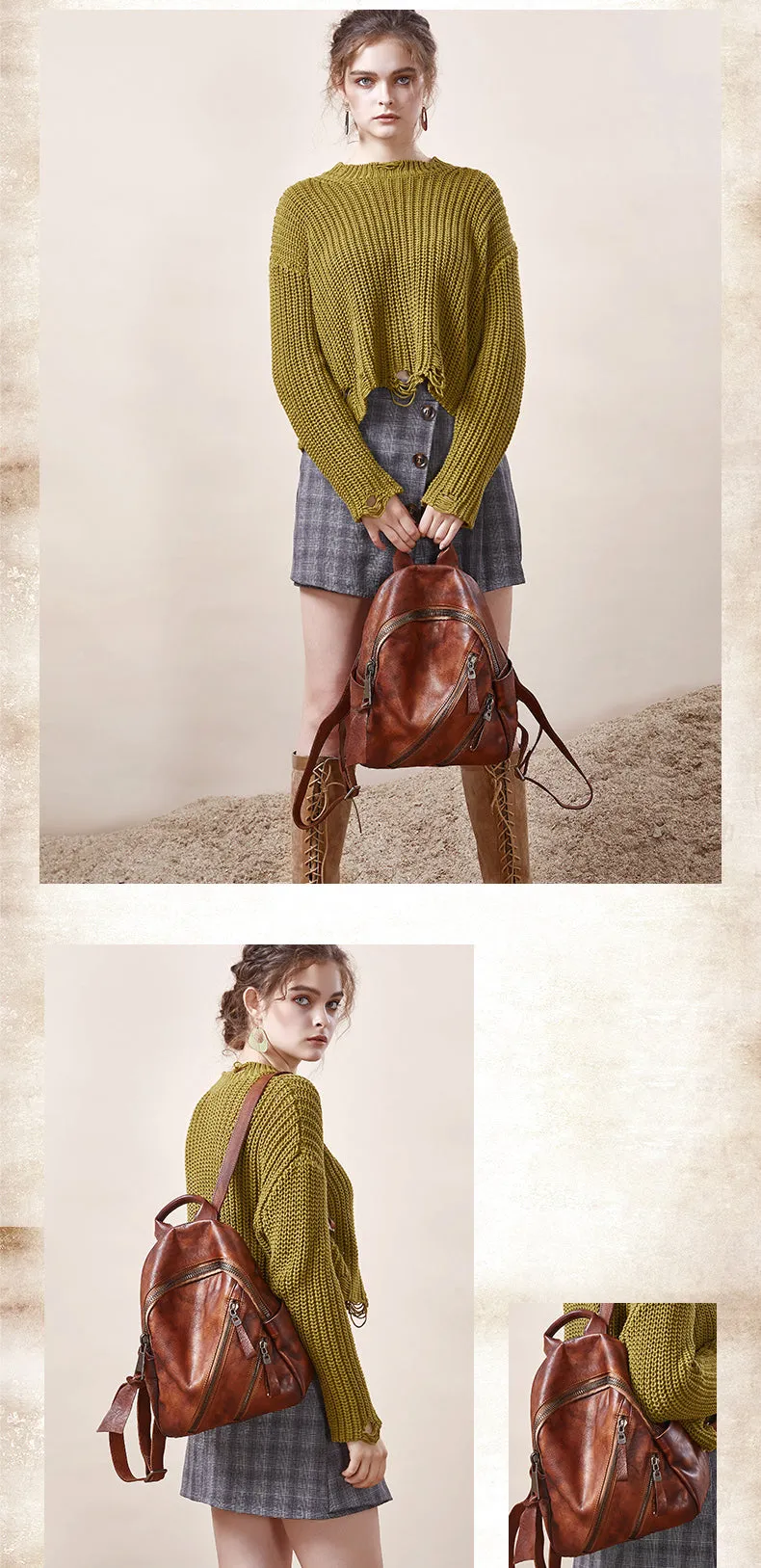 Vintage Brown Leather Rucksack Bag Womens Best School Backpack Ladies Leather Backpack Purses