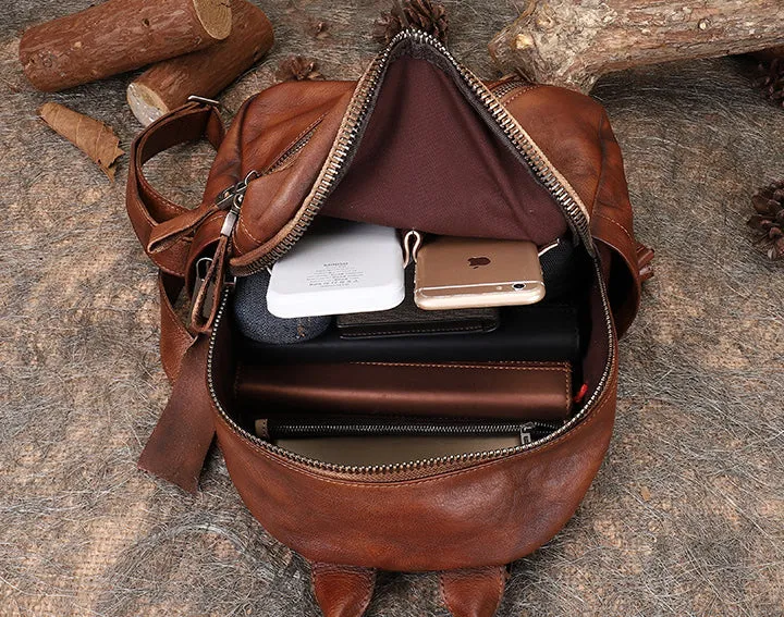 Vintage Brown Leather Rucksack Bag Womens Best School Backpack Ladies Leather Backpack Purses