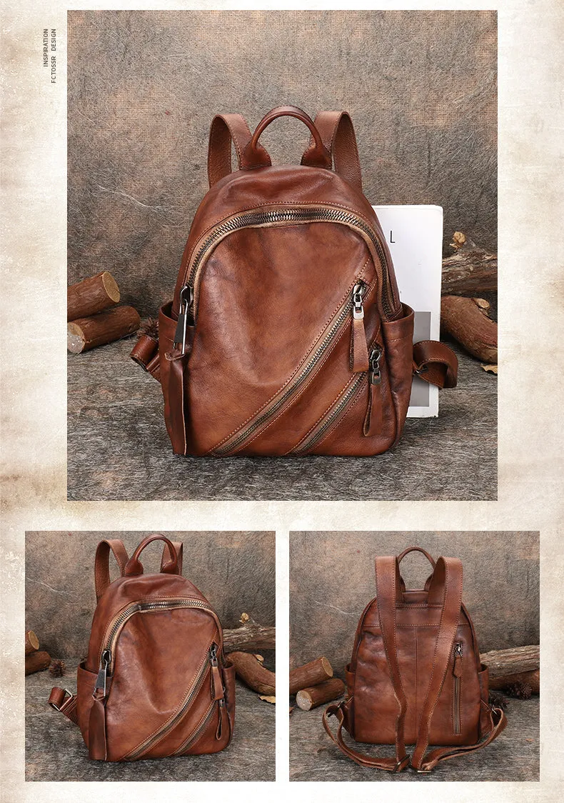 Vintage Brown Leather Rucksack Bag Womens Best School Backpack Ladies Leather Backpack Purses