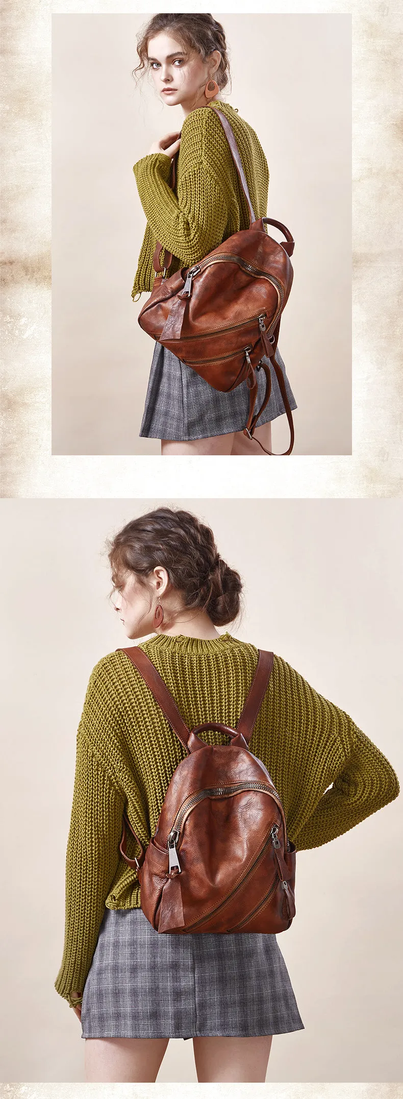 Vintage Brown Leather Rucksack Bag Womens Best School Backpack Ladies Leather Backpack Purses