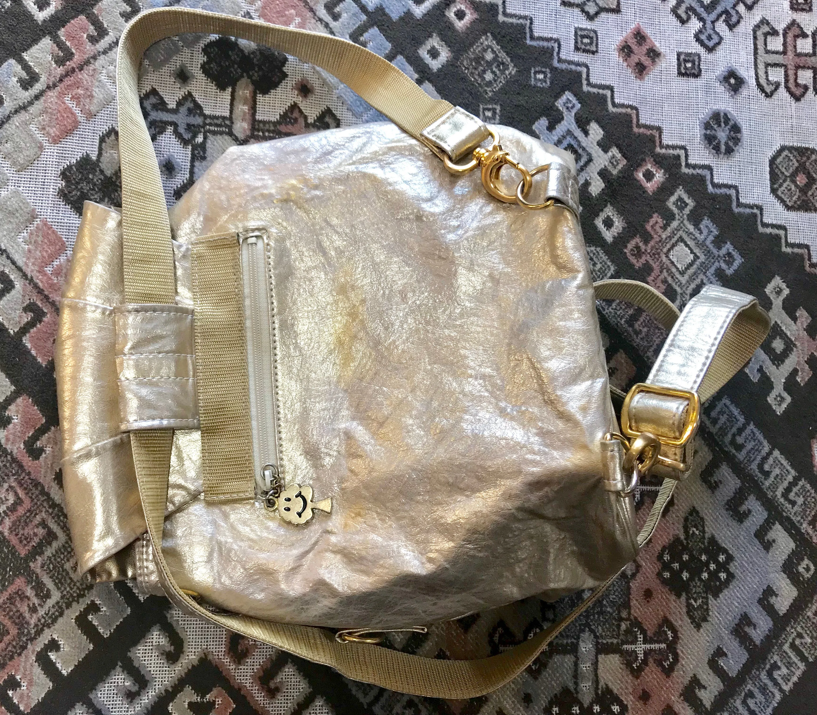 Vintage MOSCHINO champagne gold leather backpack, shoulder bag from SAVE NATURE collection. Must have daily use purse. 060625re2