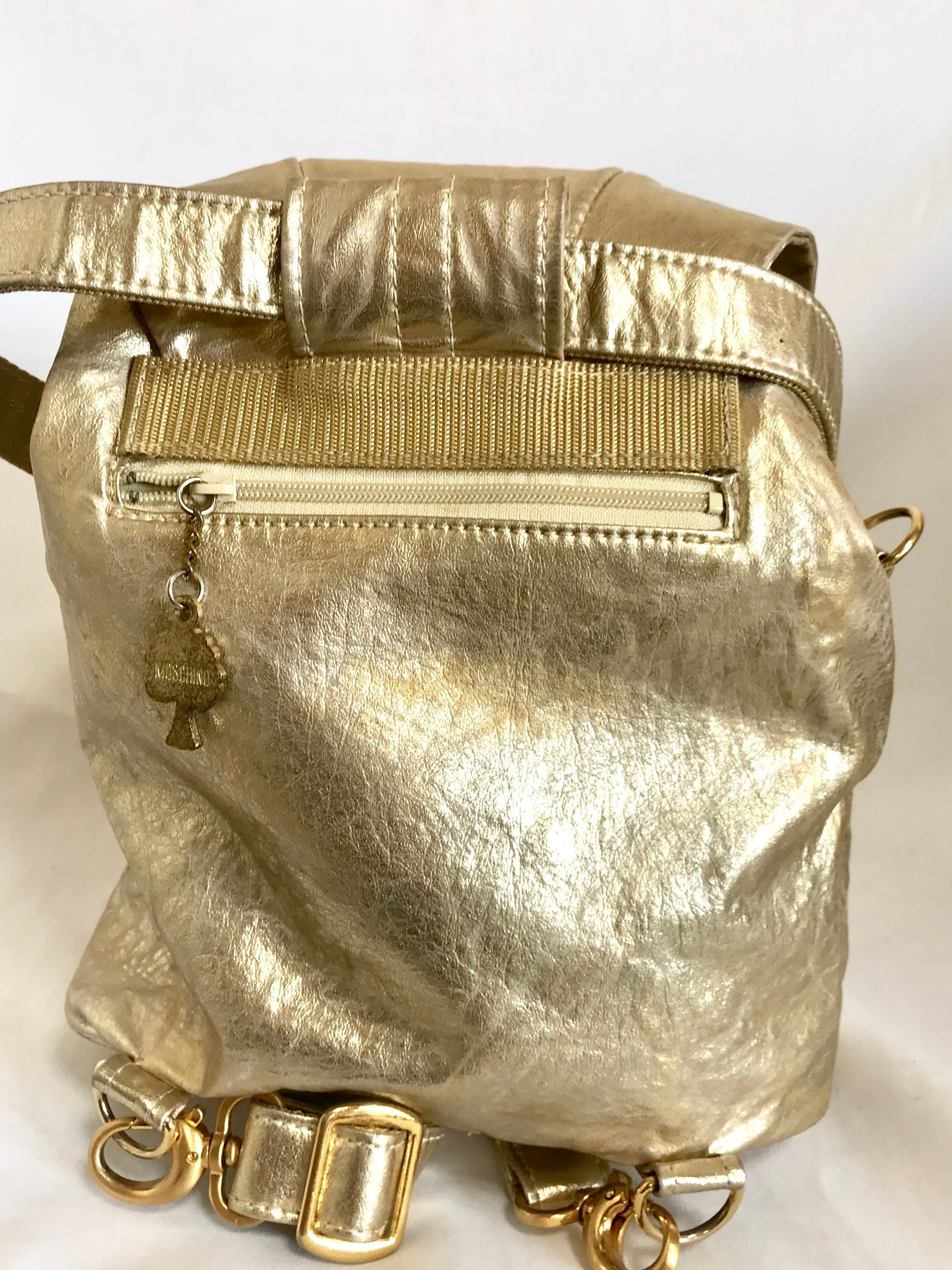 Vintage MOSCHINO champagne gold leather backpack, shoulder bag from SAVE NATURE collection. Must have daily use purse. 060625re2