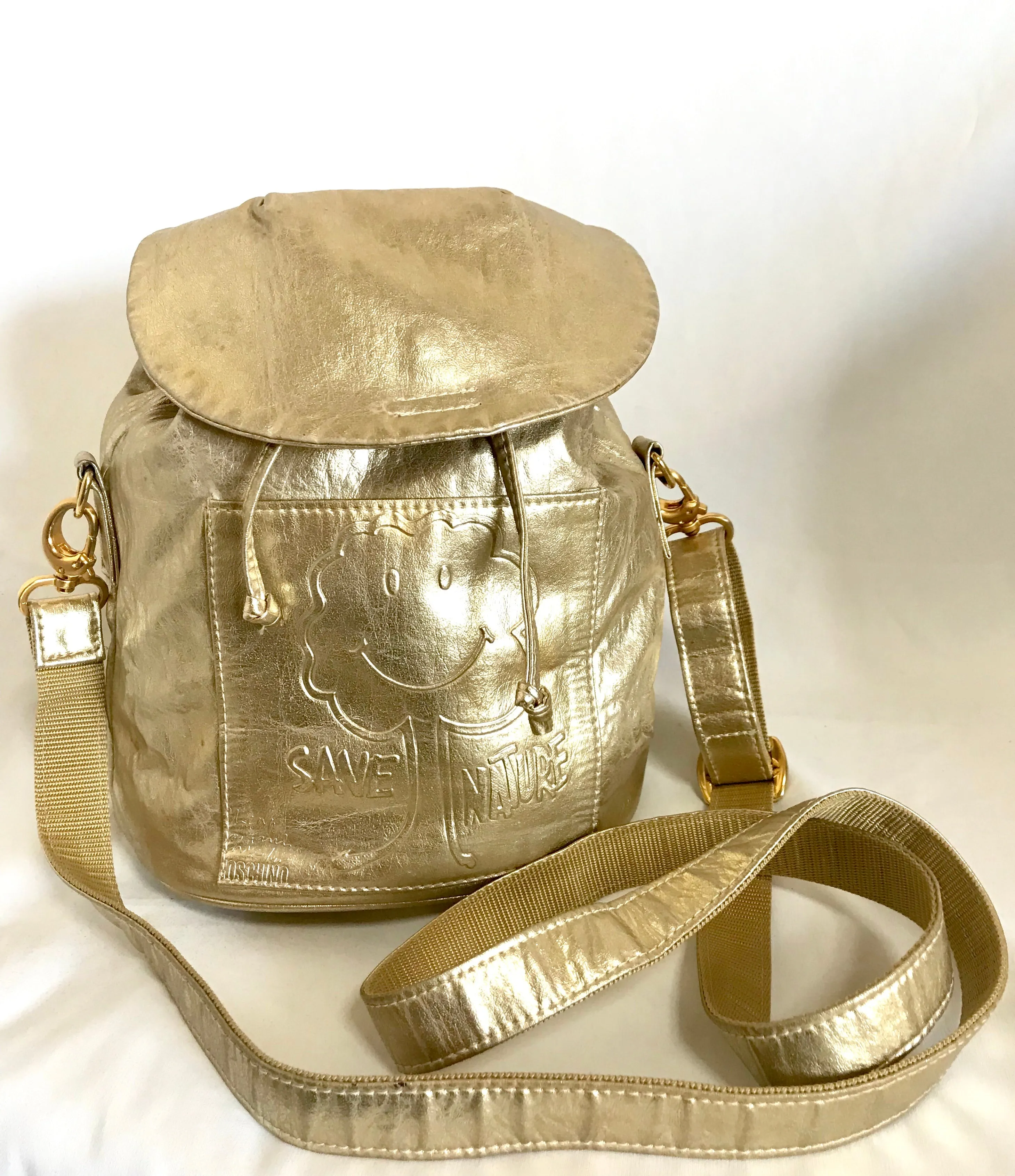 Vintage MOSCHINO champagne gold leather backpack, shoulder bag from SAVE NATURE collection. Must have daily use purse. 060625re2