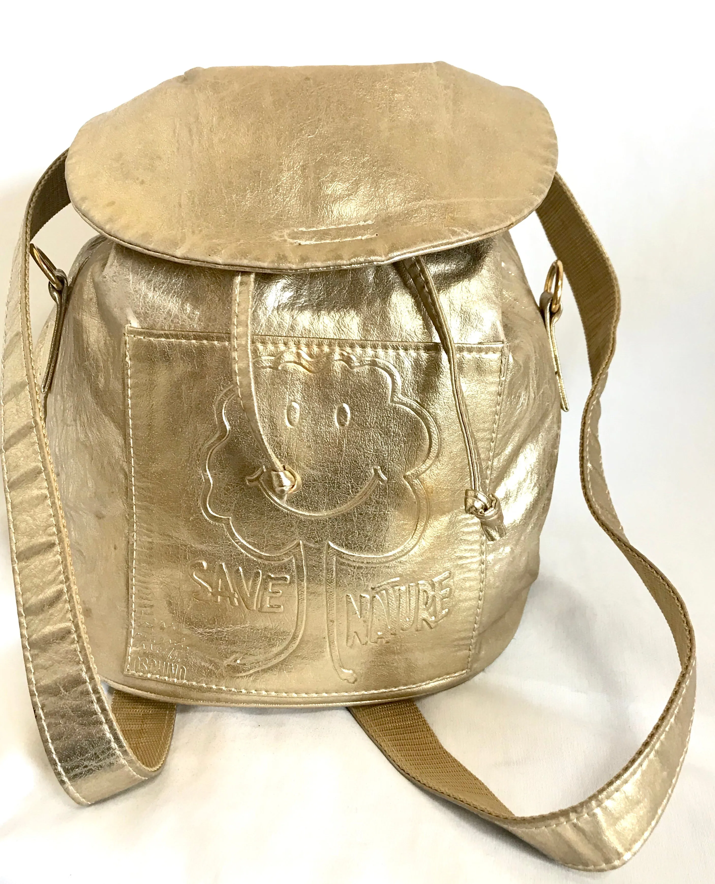 Vintage MOSCHINO champagne gold leather backpack, shoulder bag from SAVE NATURE collection. Must have daily use purse. 060625re2
