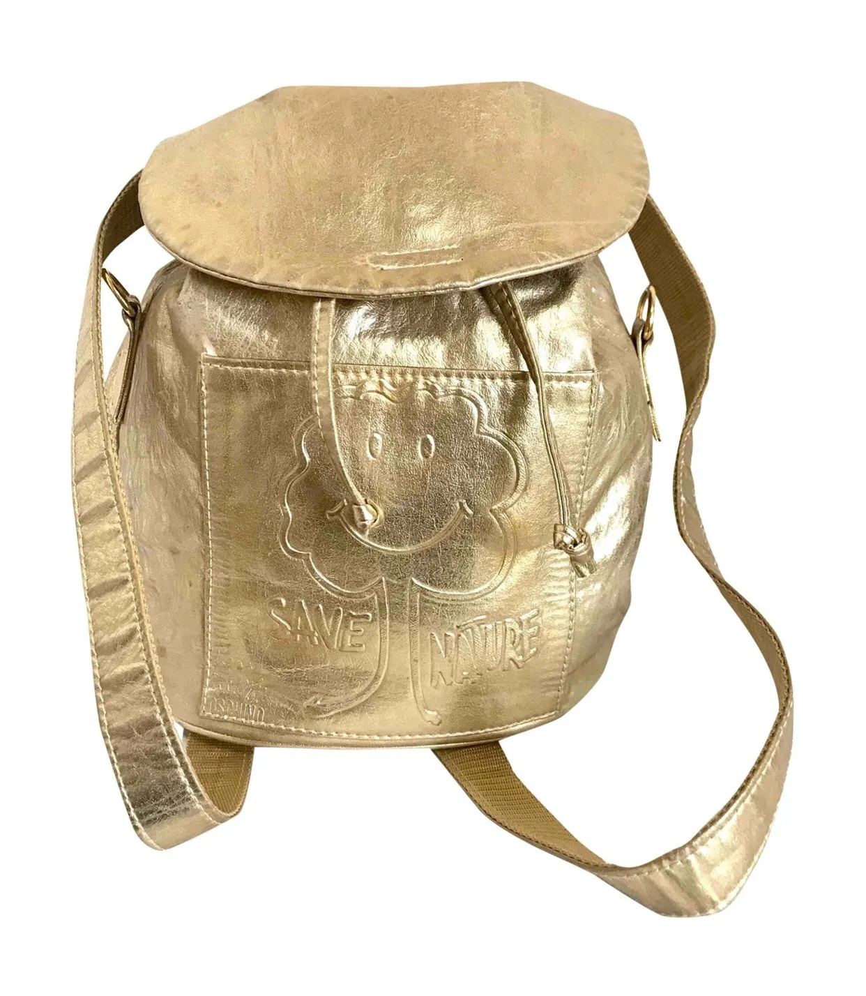 Vintage MOSCHINO champagne gold leather backpack, shoulder bag from SAVE NATURE collection. Must have daily use purse. 060625re2
