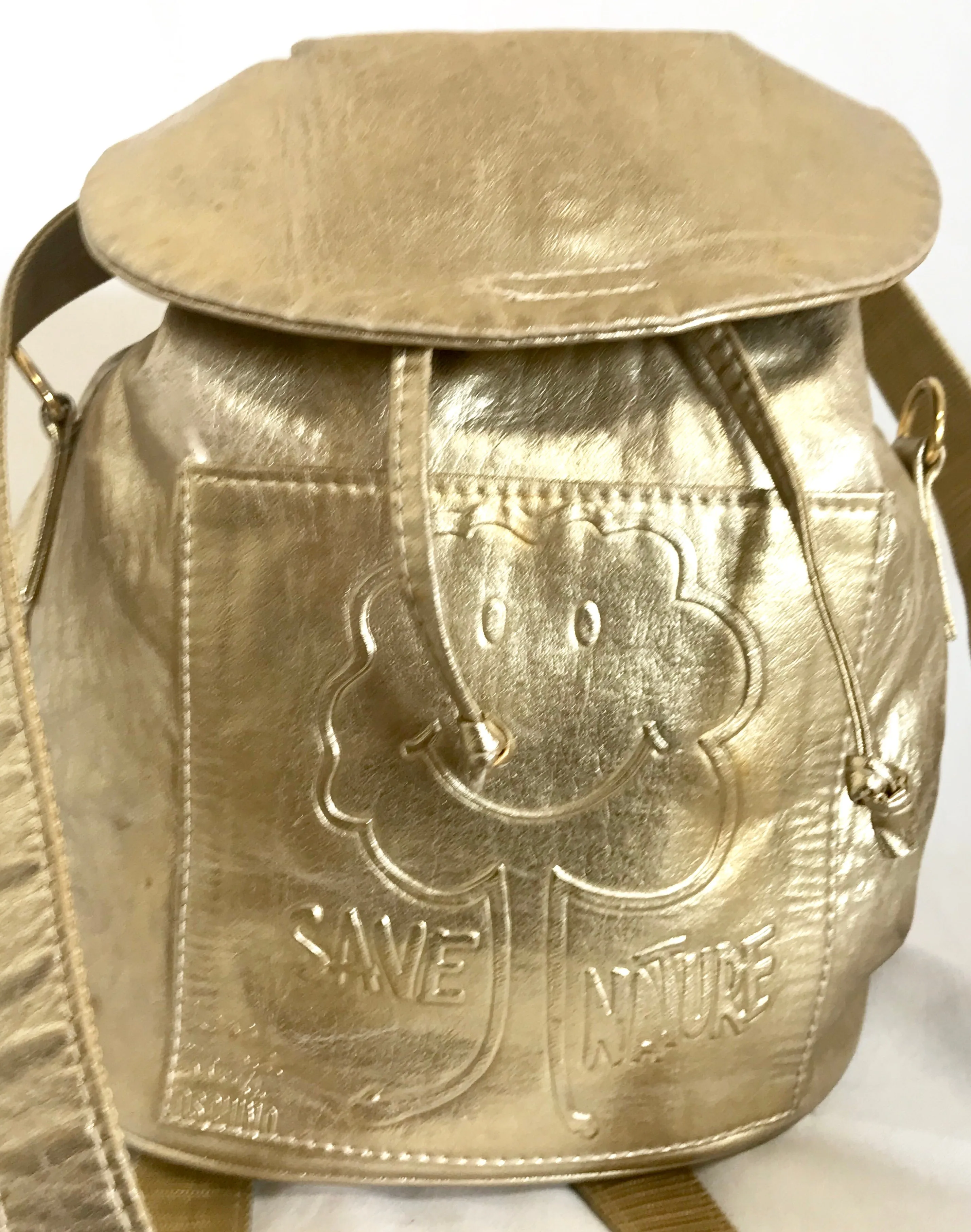 Vintage MOSCHINO champagne gold leather backpack, shoulder bag from SAVE NATURE collection. Must have daily use purse. 060625re2