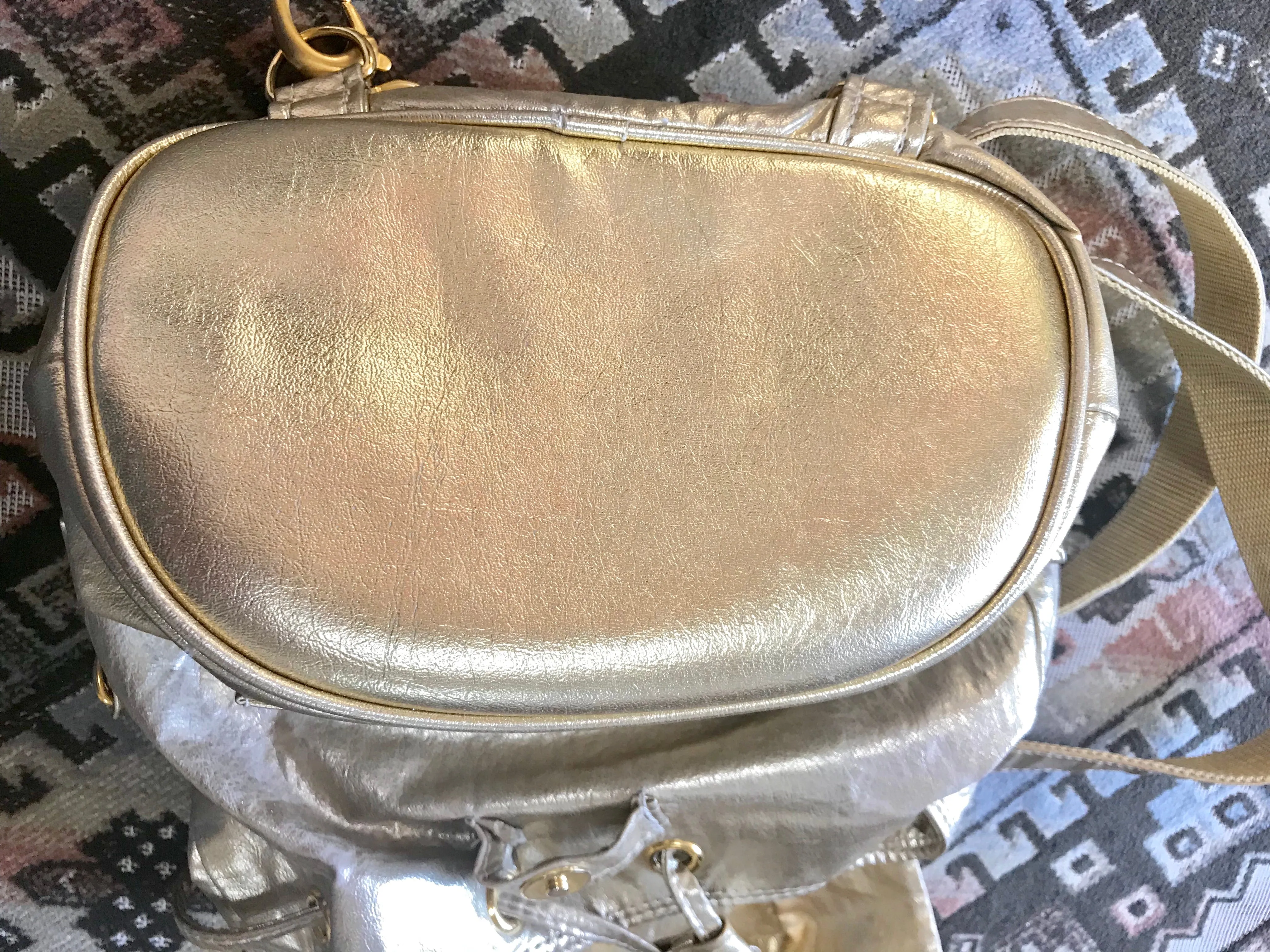 Vintage MOSCHINO champagne gold leather backpack, shoulder bag from SAVE NATURE collection. Must have daily use purse. 060625re2