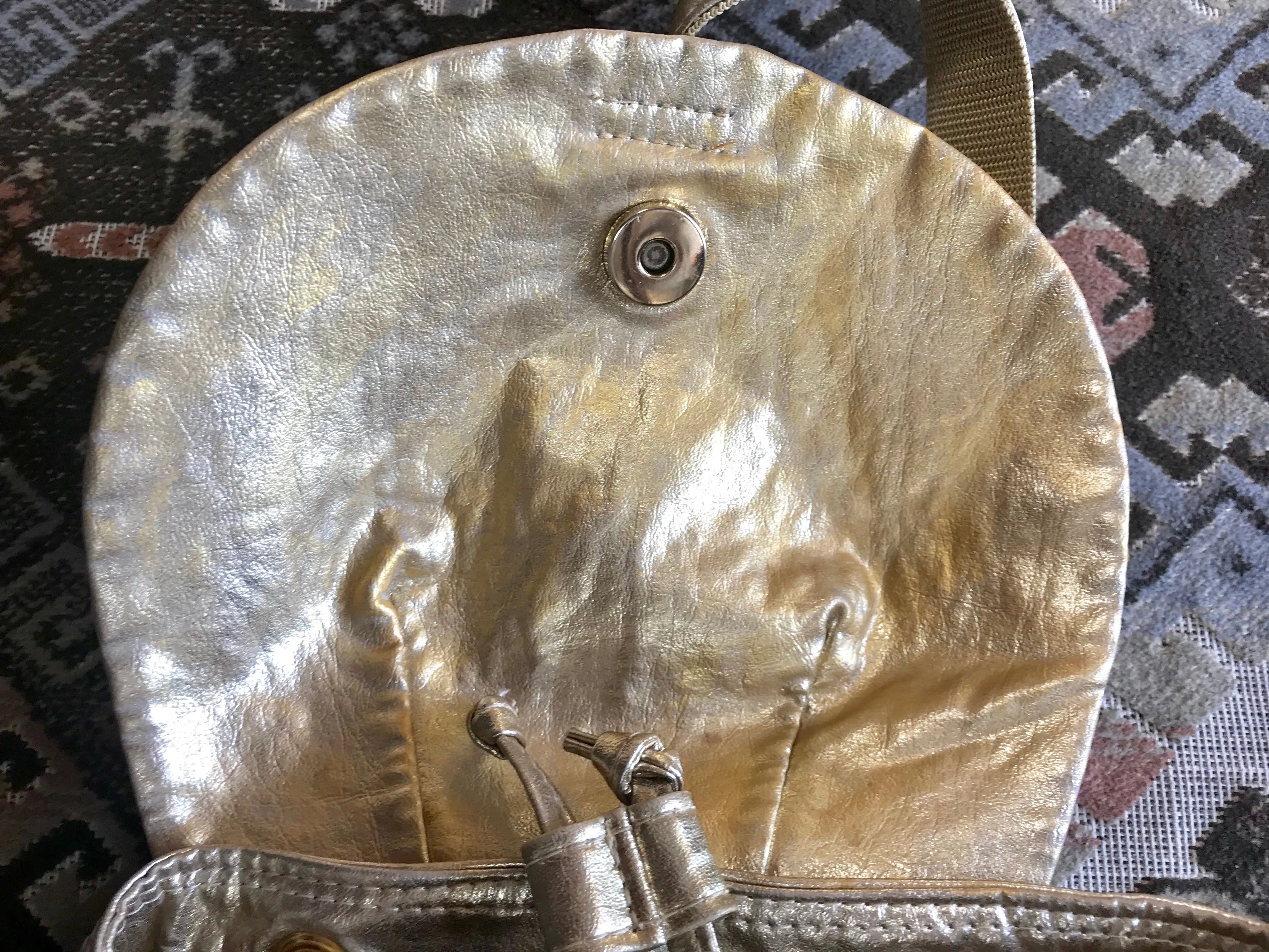 Vintage MOSCHINO champagne gold leather backpack, shoulder bag from SAVE NATURE collection. Must have daily use purse. 060625re2
