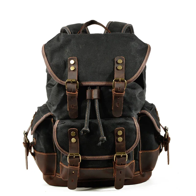 Waxed Canvas Leather Travel Rucksack Canvas With Full Grain Leather Laptop Bag Retro Waterproof Outdoor Hiking Backpack MC9508
