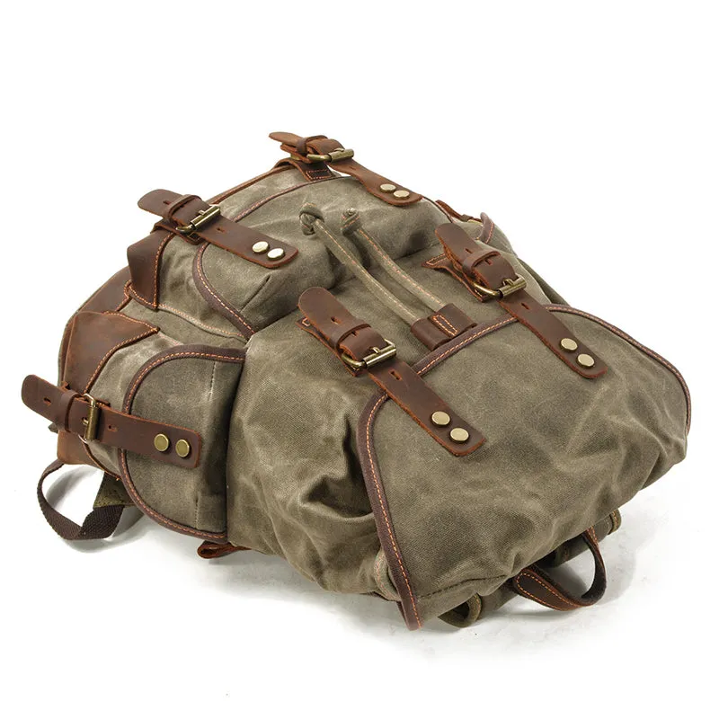 Waxed Canvas Leather Travel Rucksack Canvas With Full Grain Leather Laptop Bag Retro Waterproof Outdoor Hiking Backpack MC9508