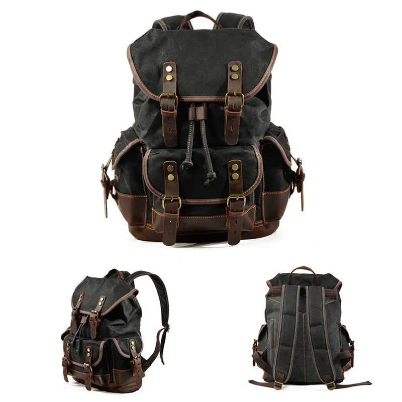 Waxed Canvas Leather Travel Rucksack Canvas With Full Grain Leather Laptop Bag Retro Waterproof Outdoor Hiking Backpack MC9508
