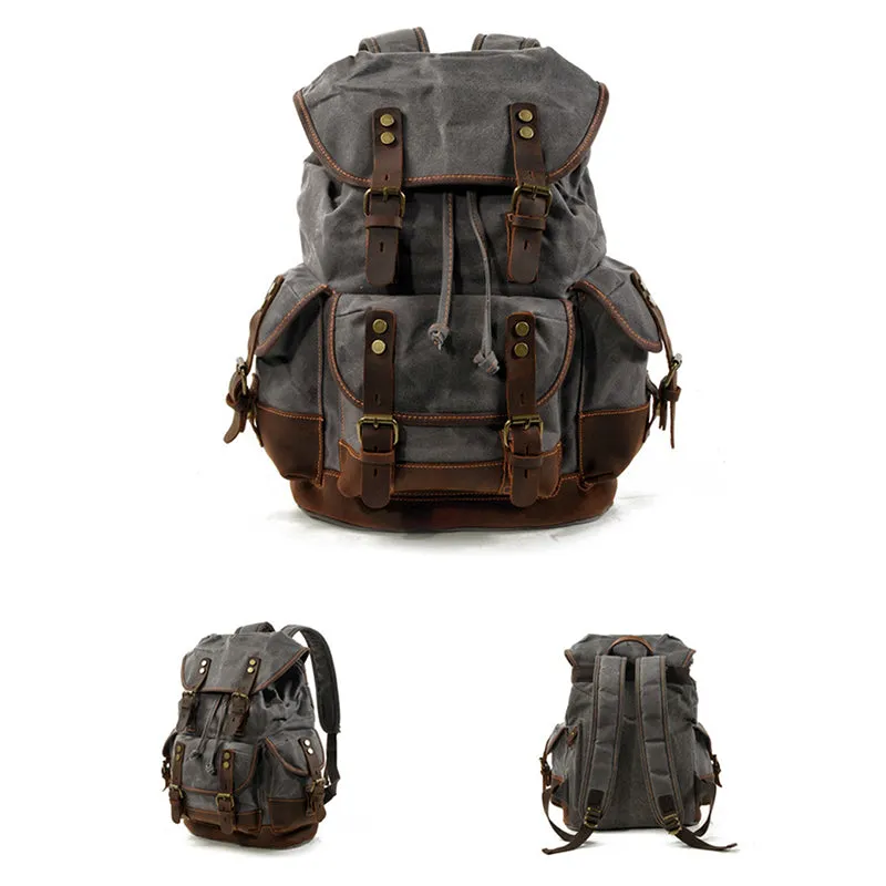 Waxed Canvas Leather Travel Rucksack Canvas With Full Grain Leather Laptop Bag Retro Waterproof Outdoor Hiking Backpack MC9508