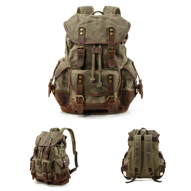 Waxed Canvas Leather Travel Rucksack Canvas With Full Grain Leather Laptop Bag Retro Waterproof Outdoor Hiking Backpack MC9508