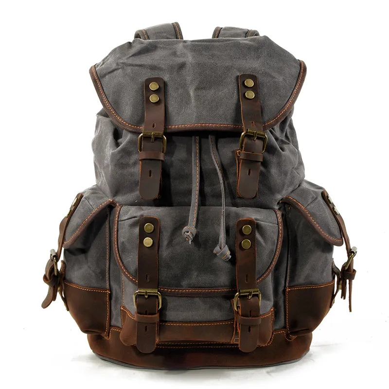 Waxed Canvas Leather Travel Rucksack Canvas With Full Grain Leather Laptop Bag Retro Waterproof Outdoor Hiking Backpack MC9508