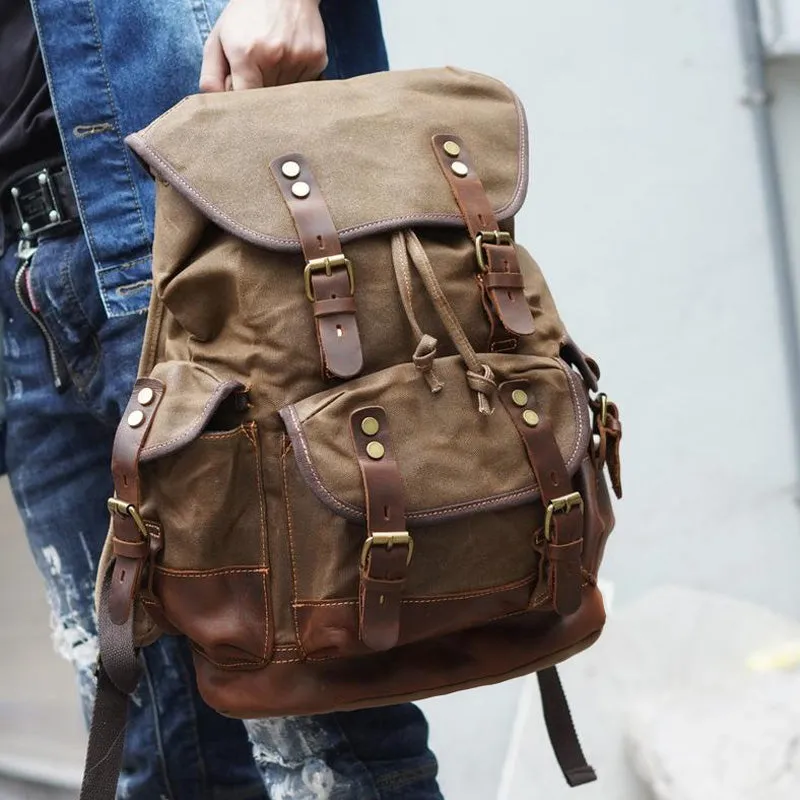 Waxed Canvas Leather Travel Rucksack Canvas With Full Grain Leather Laptop Bag Retro Waterproof Outdoor Hiking Backpack MC9508