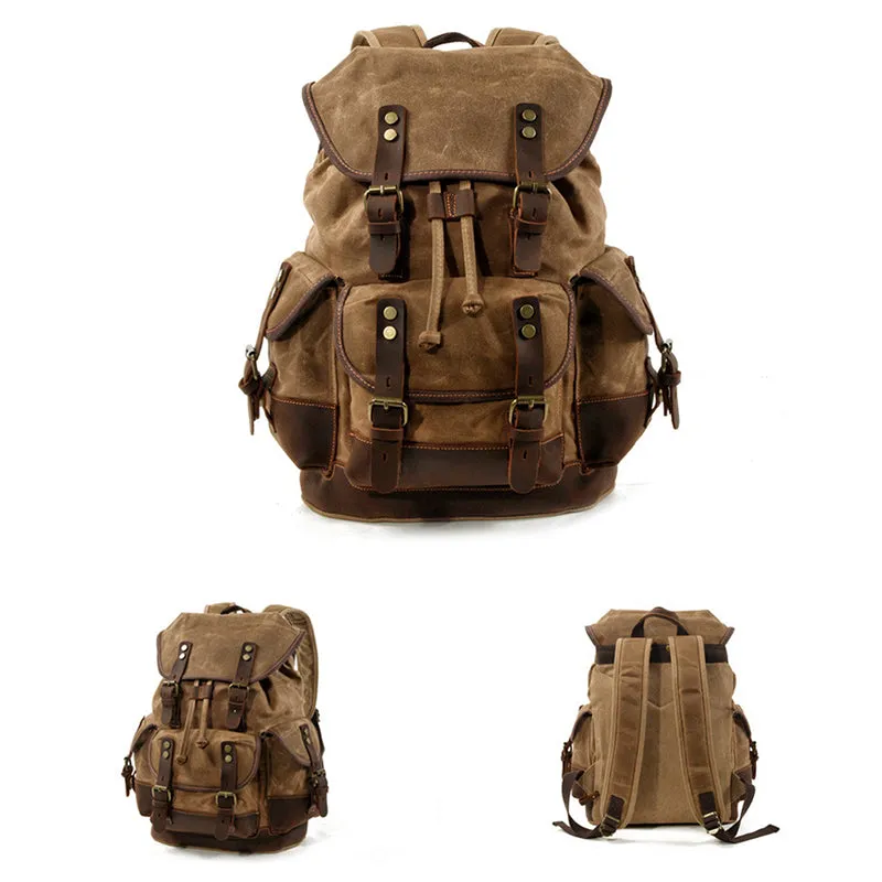 Waxed Canvas Leather Travel Rucksack Canvas With Full Grain Leather Laptop Bag Retro Waterproof Outdoor Hiking Backpack MC9508