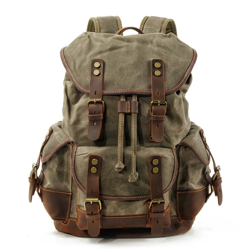 Waxed Canvas Leather Travel Rucksack Canvas With Full Grain Leather Laptop Bag Retro Waterproof Outdoor Hiking Backpack MC9508