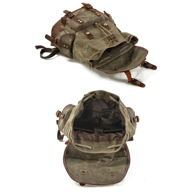 Waxed Canvas Leather Travel Rucksack Canvas With Full Grain Leather Laptop Bag Retro Waterproof Outdoor Hiking Backpack MC9508