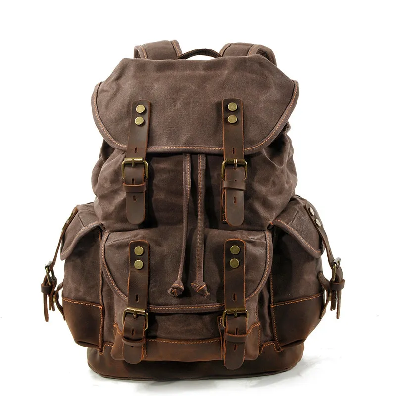 Waxed Canvas Leather Travel Rucksack Canvas With Full Grain Leather Laptop Bag Retro Waterproof Outdoor Hiking Backpack MC9508