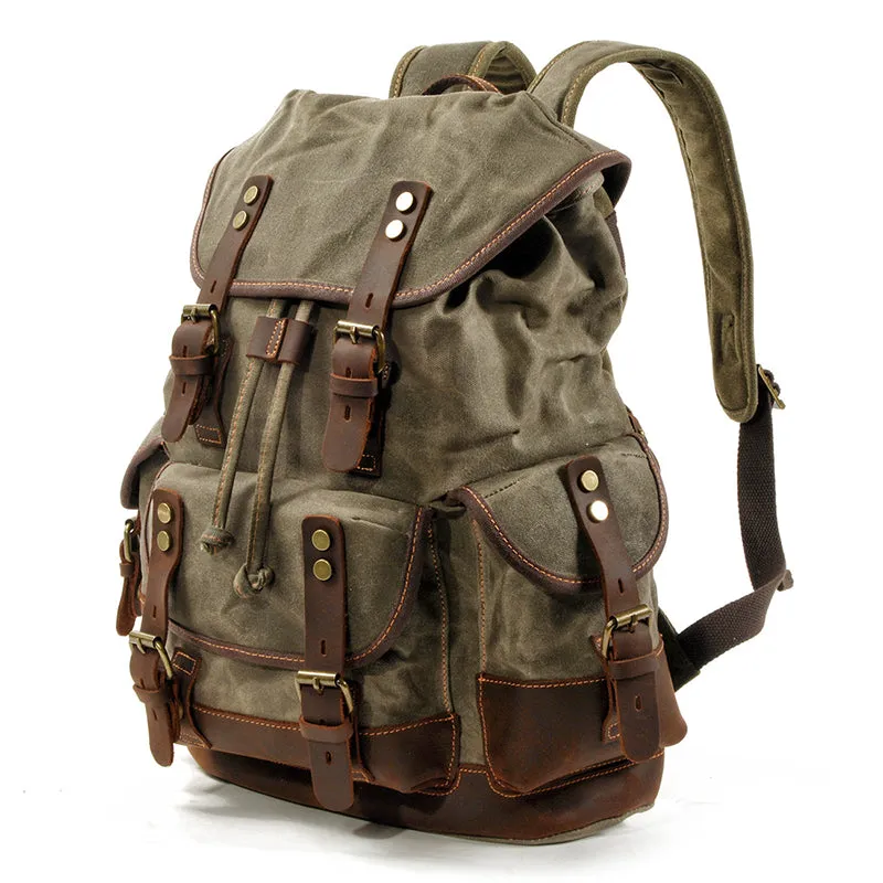 Waxed Canvas Leather Travel Rucksack Canvas With Full Grain Leather Laptop Bag Retro Waterproof Outdoor Hiking Backpack MC9508