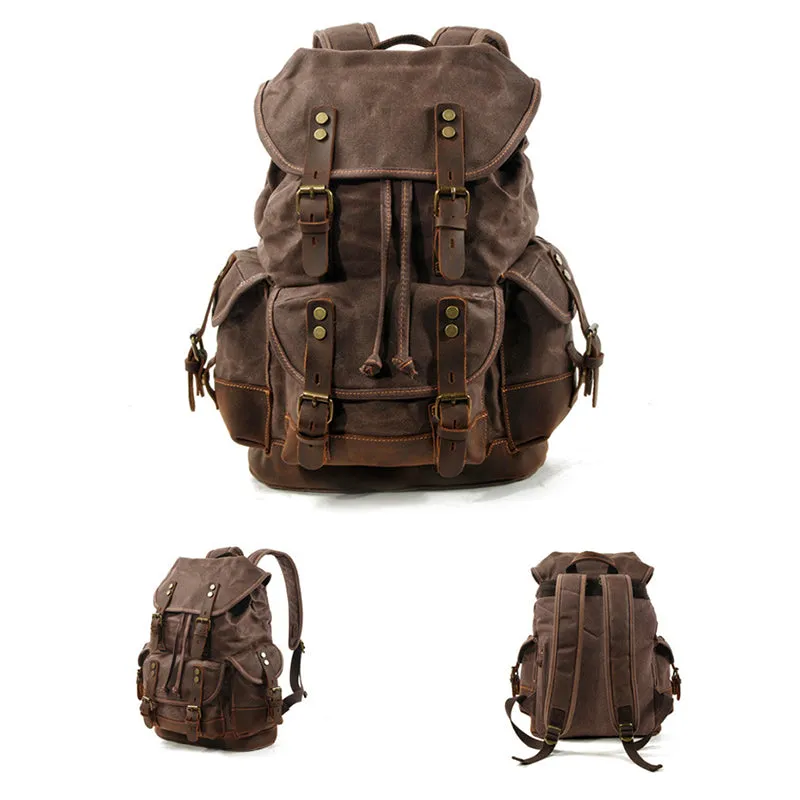Waxed Canvas Leather Travel Rucksack Canvas With Full Grain Leather Laptop Bag Retro Waterproof Outdoor Hiking Backpack MC9508