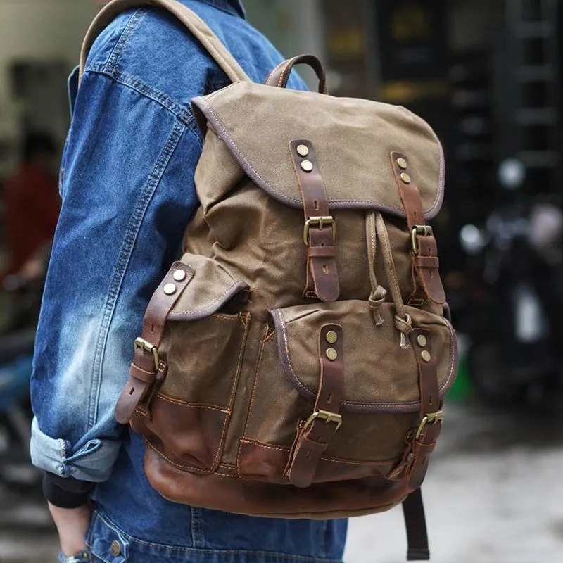 Waxed Canvas Leather Travel Rucksack Canvas With Full Grain Leather Laptop Bag Retro Waterproof Outdoor Hiking Backpack MC9508