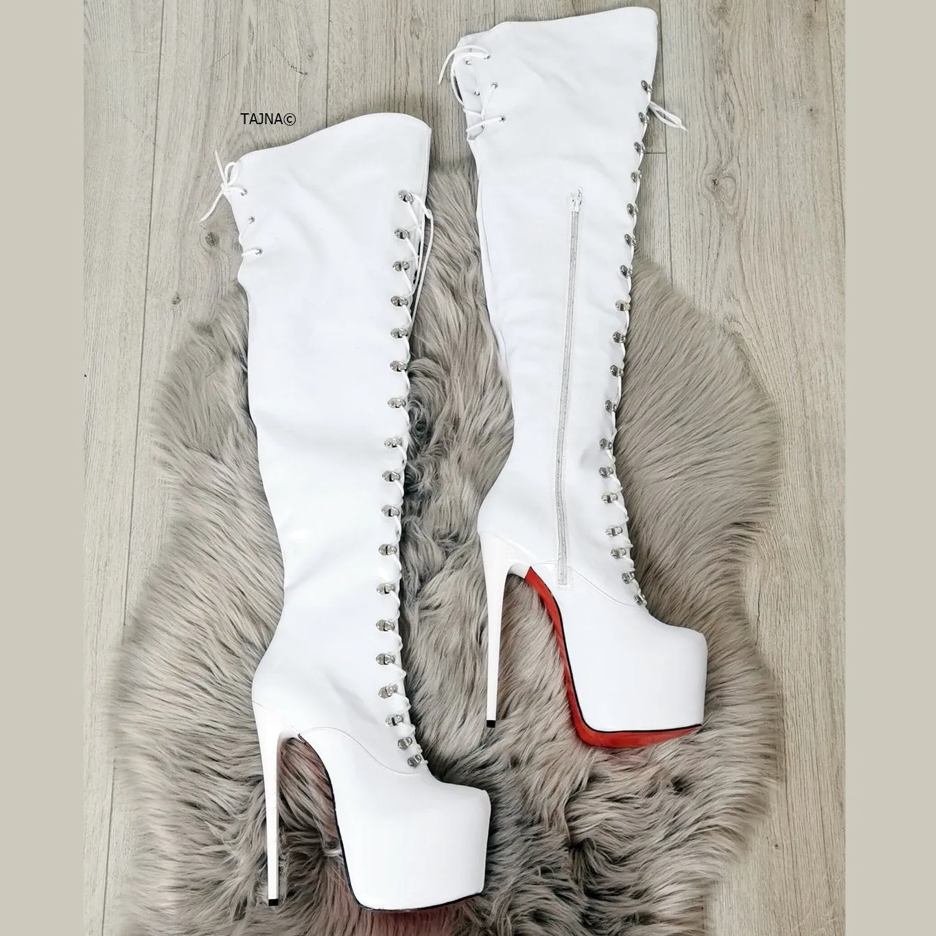 White Patent Lace Up Military Style Over Knee Boots