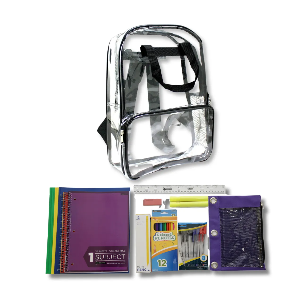 Wholesale 6th-12th Grade Essentials Kit-43 Pieces in 18" Clear PVC Backpack