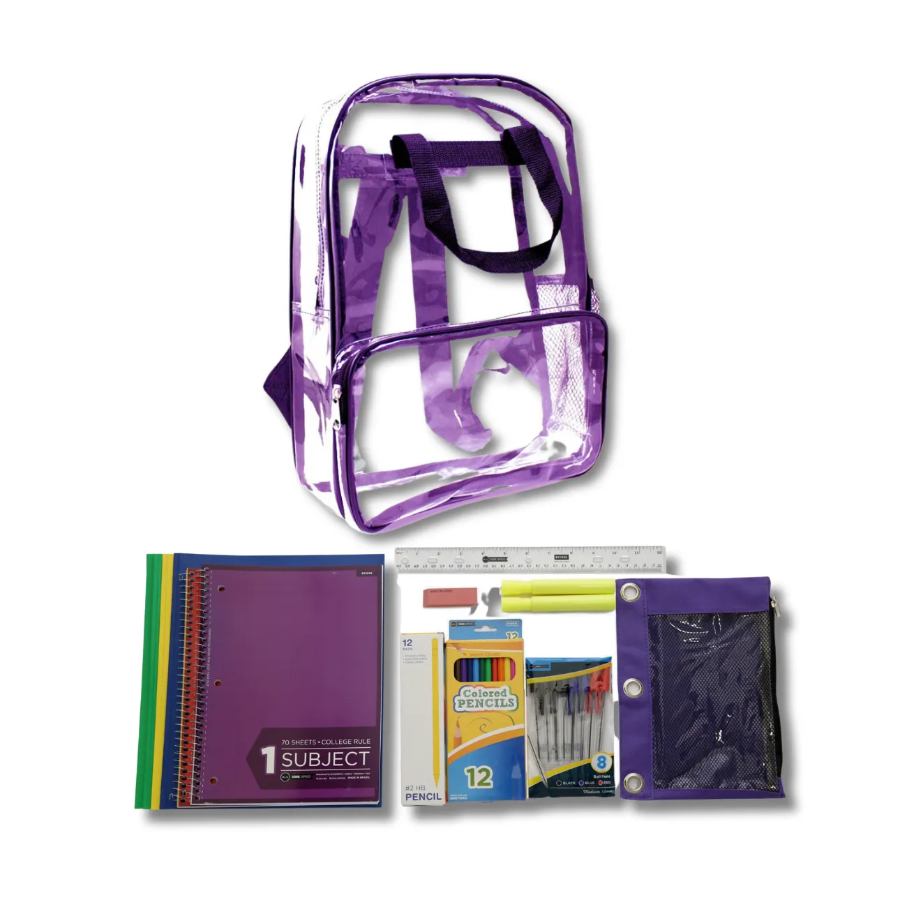 Wholesale 6th-12th Grade Essentials Kit-43 Pieces in 18" Clear PVC Backpack